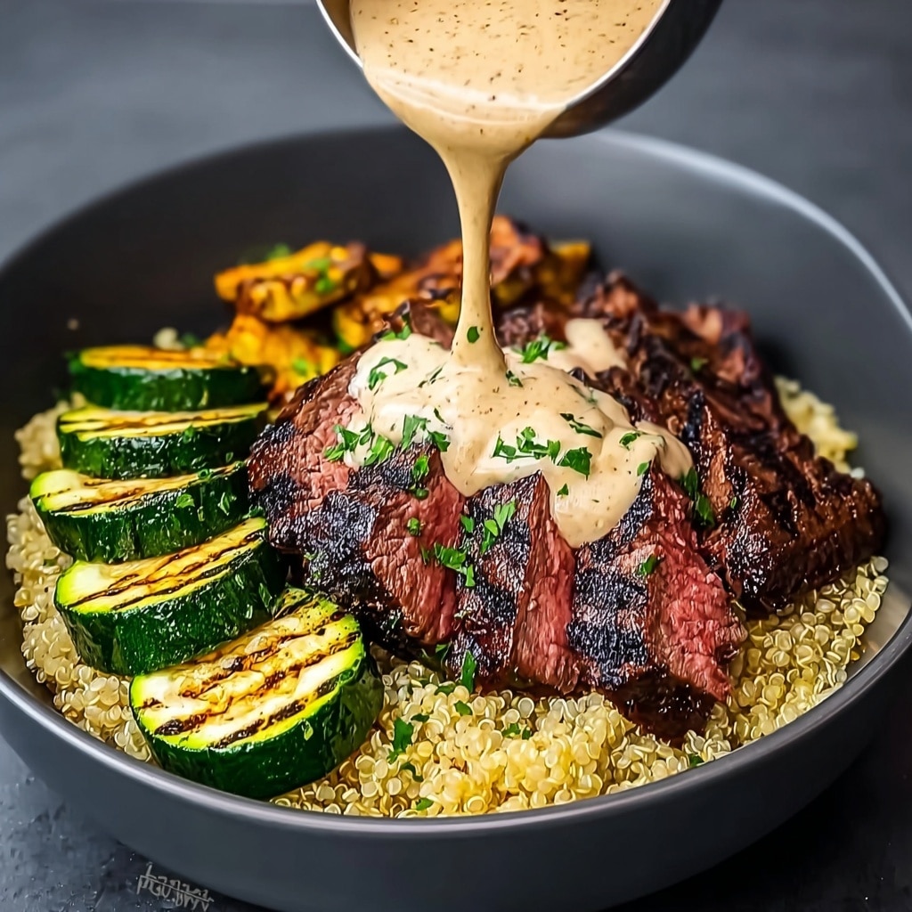 Grilled Steak Bowl with Creamy Sauce & Grilled Zucchini Recipe - Recipe Image