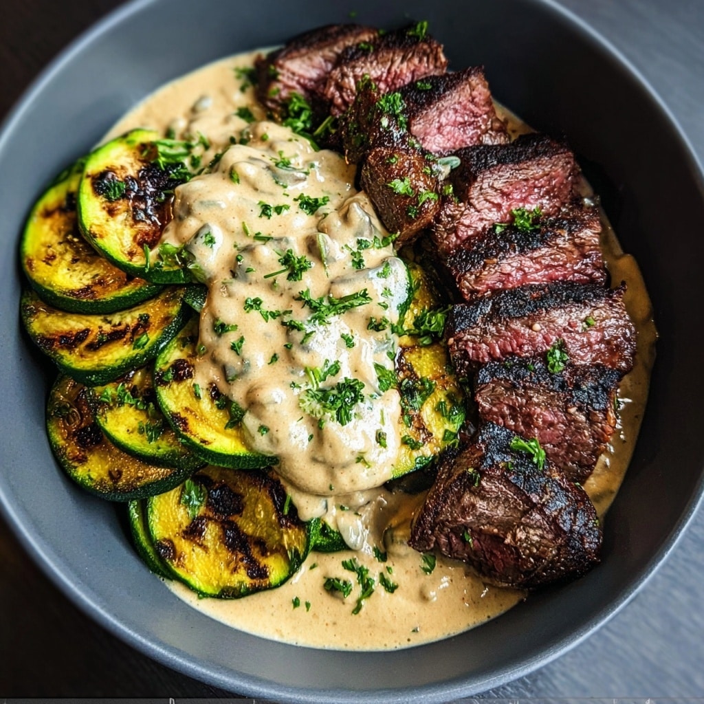 Grilled Steak Bowl with Creamy Sauce & Grilled Zucchini Recipe - Recipe Image