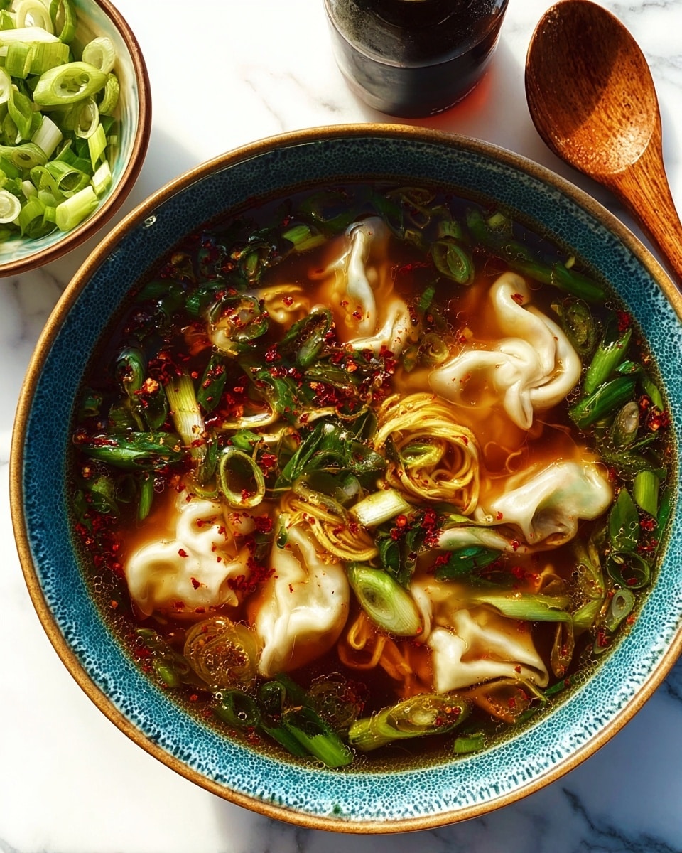 A deep bowl with a speckled blue-green rim is filled with a clear brown broth. Inside the broth are several pale, folded dumplings floating along with plenty of bright green chopped scallions and thin spiralized green vegetable strips, possibly zucchini. The broth is sprinkled with red chili flakes that add texture and contrast. A wooden spoon rests on the left, partially submerged in the soup. In the background, a small white bowl holds extra chopped green onions, all set on a white marbled surface. photo taken with an iphone --ar 4:5 --v 7