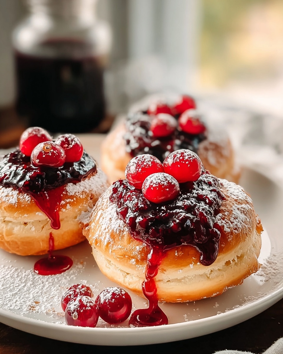 Three round golden pastries sit on a white plate with powdered sugar dusted around and under them. Each pastry has a thick layer of dark red berry jam spread on top, with five shiny whole red berries placed neatly on the jam. Some jam drips down the side of the front pastry, with a few berries on the plate next to it. The background shows soft light from a window and a blurred dark glass jar. photo taken with an iphone --ar 4:5 --v 7