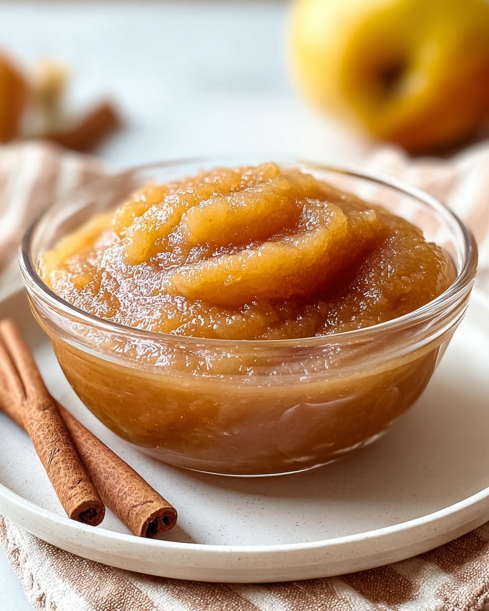 A close-up view of a thick, golden-brown apple sauce with a slightly chunky and shiny texture, placed in a white shallow bowl with a brown rim, which sits on a white shallow plate. In the blurred background, there are two whole apples, one yellow and one red, resting on the white marbled surface. photo taken with an iphone --ar 4:5 --v 7