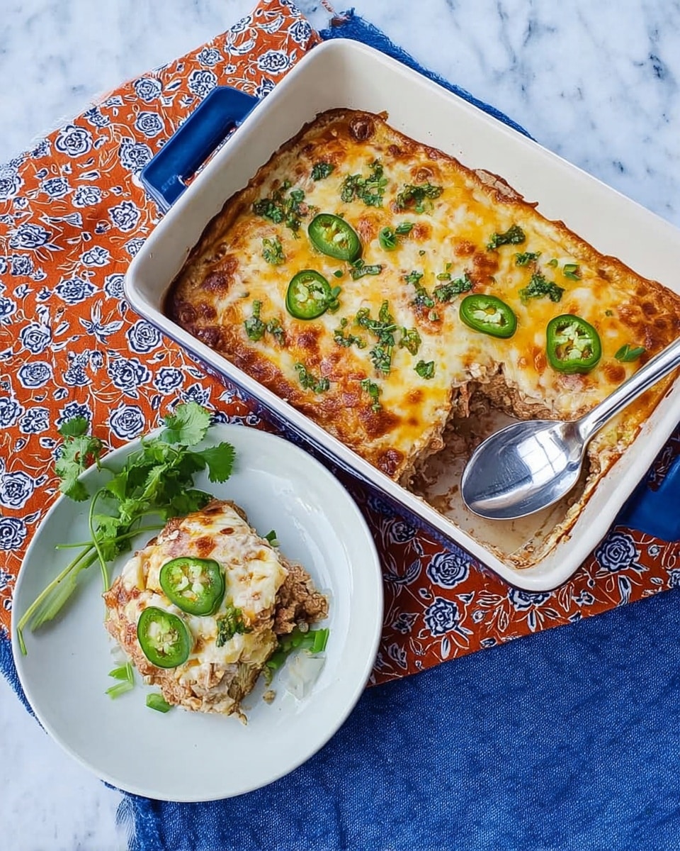 The image shows a white rectangular baking dish with blue handles filled with a layered casserole. The top layer is golden brown melted cheese sprinkled with chopped green herbs and garnished with slices of green chili. One serving of the casserole is placed on a white shallow bowl beside the baking dish, showing three visible layers: a browned cheesy top, a creamy middle, and a light brown base mixed with small green vegetable pieces, topped with some fresh green herbs and chopped green onions. The baking dish rests on a blue and orange patterned cloth over a white marbled surface. A silver serving spoon is inside the casserole. photo taken with an iphone --ar 4:5 --v 7