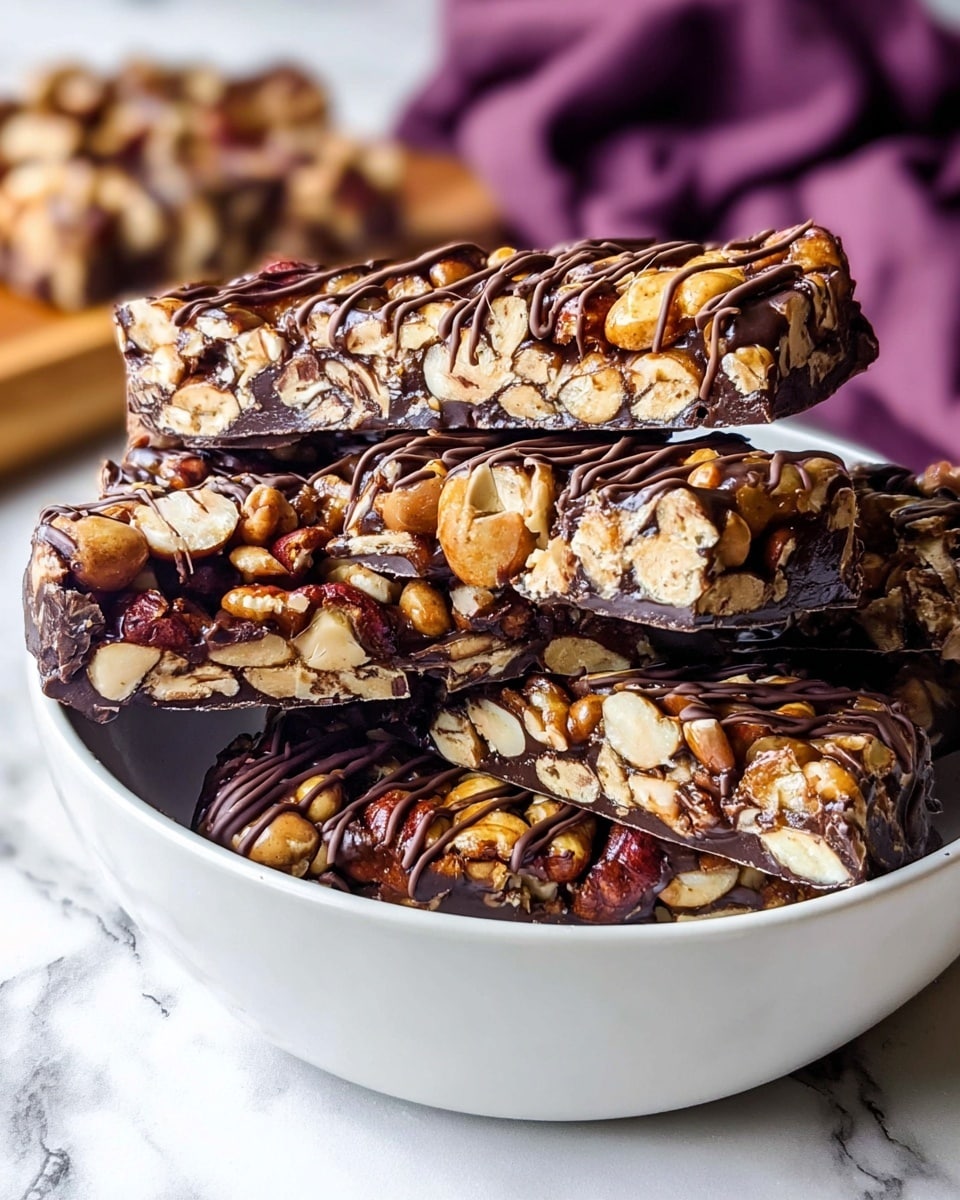 The image shows several nut bars stacked inside a white bowl on a white marbled surface. Each bar has a bottom layer of dark chocolate that is smooth and shiny, topped with a thick layer of mixed nuts including almonds, walnuts, pecans, and cashews, all held together by a caramel glaze giving a glossy and sticky texture. The nut layer is rough and chunky with visible pieces of nuts in light brown, beige, and golden tones. On top of the bars, a thin drizzle of melted dark chocolate creates thin, shiny lines across the nut layer, adding contrast and detail. A purple cloth and a wooden board are blurred in the background but keep focus on the nut bars. Photo taken with an iphone --ar 4:5 --v 7