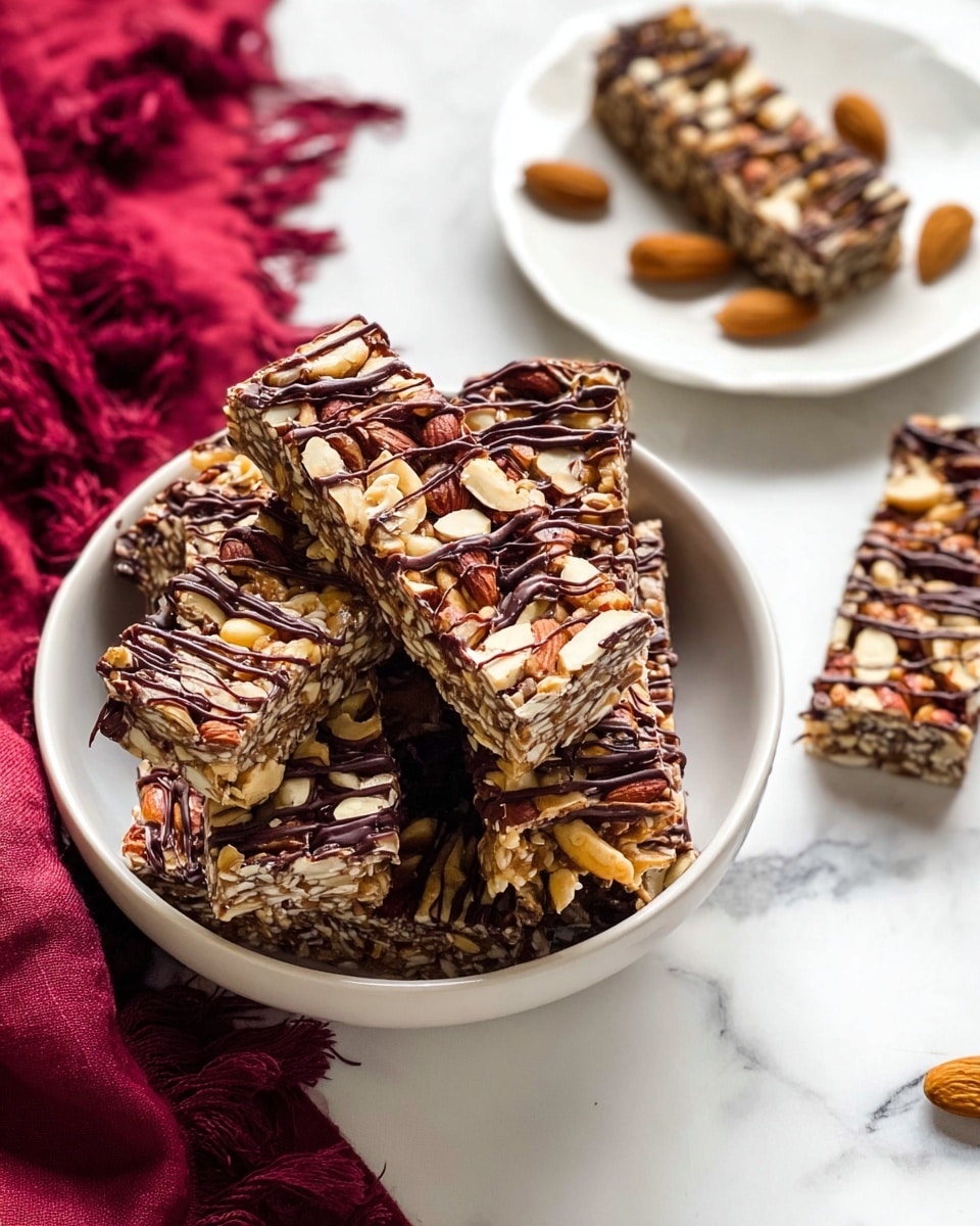 The image shows a white bowl filled with several nut and oat bars stacked on top of each other. Each bar has a bottom layer of dark chocolate, a thick middle layer packed with whole nuts like almonds and cashews mixed with oats, and a top drizzle of dark chocolate lines across the bars adding texture. The bars look crunchy and dense with a mix of brown, tan, and golden colors from the nuts and oats. In the background, a smaller white plate holds one nut bar, while a deep red cloth with fringed edges is draped nearby on a white marbled surface. photo taken with an iphone --ar 4:5 --v 7