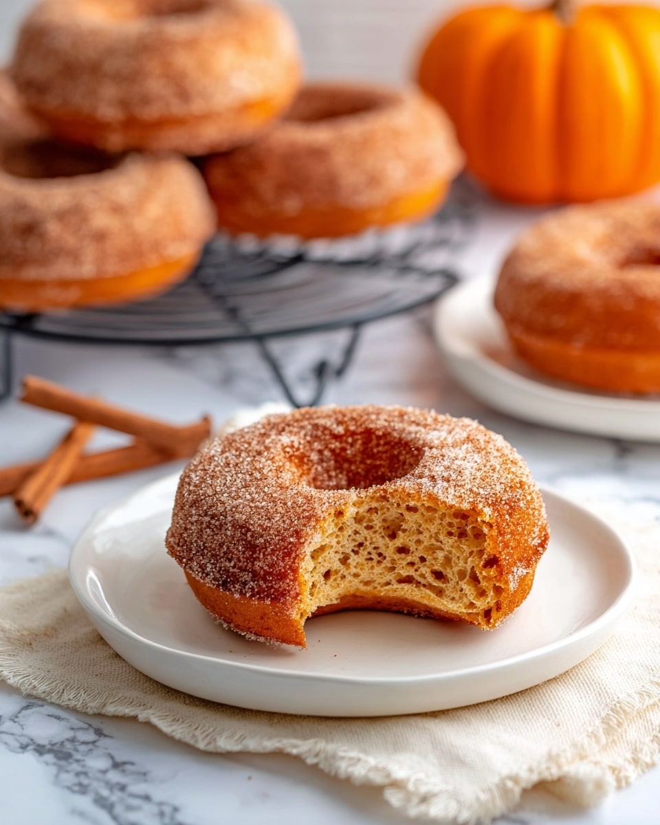 A soft, orange-brown doughnut with a sugar and cinnamon coating is placed on a white plate over a cream-colored cloth. The doughnut has a bite taken out of it, showing its airy, moist inside. In the background, several more doughnuts of the same kind sit on a black cooling rack and another white plate. A whole orange pumpkin and a cinnamon stick lie nearby on a white marbled surface, adding to the autumn feel. Photo taken with an iphone --ar 4:5 --v 7