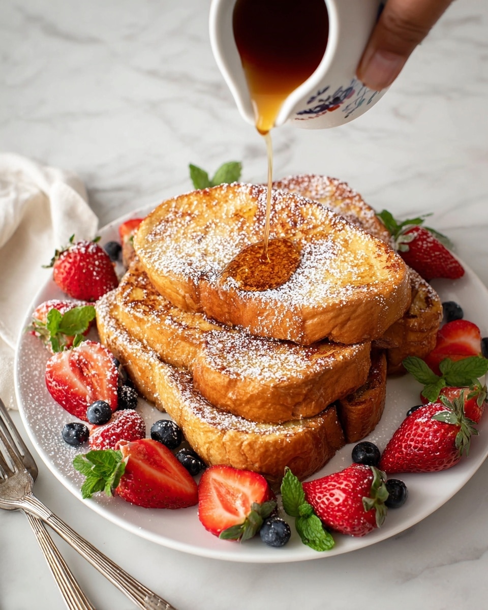 A white round plate holds four thick slices of golden-brown French toast stacked slightly overlapping in the center. The top of the French toast is dusted with white powdered sugar and syrup is being poured over it from a small white pitcher held by a woman's hand from the top right corner. Around the edges of the plate, fresh red strawberries and dark blue blueberries are scattered along with some small green mint leaves, adding bright color contrast to the warm tones of the toast. The plate rests on a white marbled surface with a vintage silver fork placed to the left side. Photo taken with an iphone --ar 4:5 --v 7