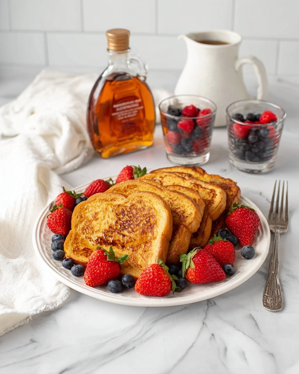 A white plate holds four slices of golden brown French toast stacked slightly overlapping in the center. Around the toast, there is a mix of fresh red strawberries and dark blue blueberries, adding a bright pop of color. Behind the plate, there is a clear glass bottle of maple syrup with an amber hue, two small glass cups filled with berries, and a tall white ceramic pitcher. A soft white cloth is casually draped behind the plate on a white marbled surface. A silver fork lies to the right of the plate. photo taken with an iphone --ar 4:5 --v 7