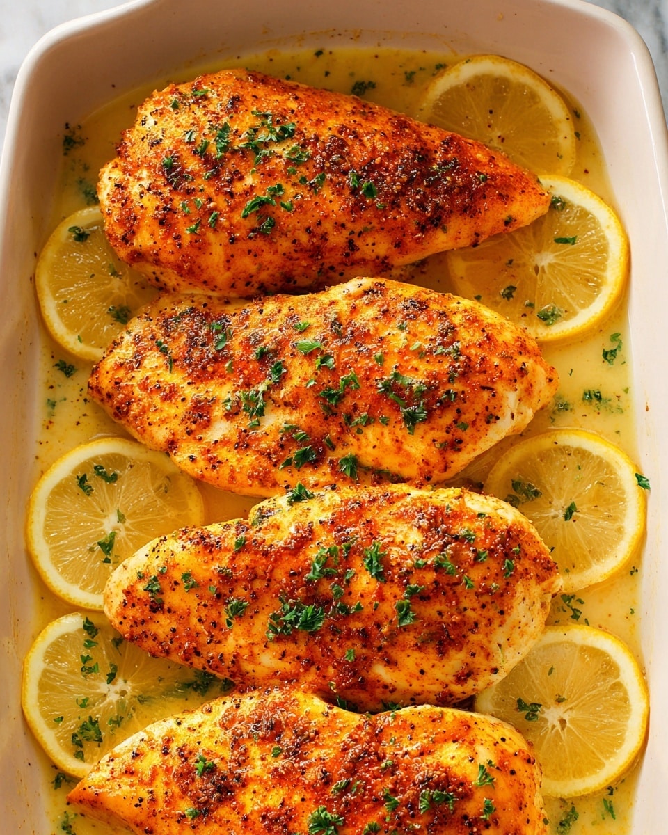 The image shows four cooked chicken breasts arranged closely on a white baking dish, each breast covered with a bright orange-red spice mix and small green parsley flakes sprinkled on top. The chicken has a slightly crispy texture with black pepper specks evenly spread. Lemon slices are placed around the edges of the chicken, adding a fresh yellow color contrast. The baking dish has a light buttery sauce pooling around the chicken, giving it a glossy finish. The whole scene is set on a white marbled texture surface. photo taken with an iphone --ar 4:5 --v 7
