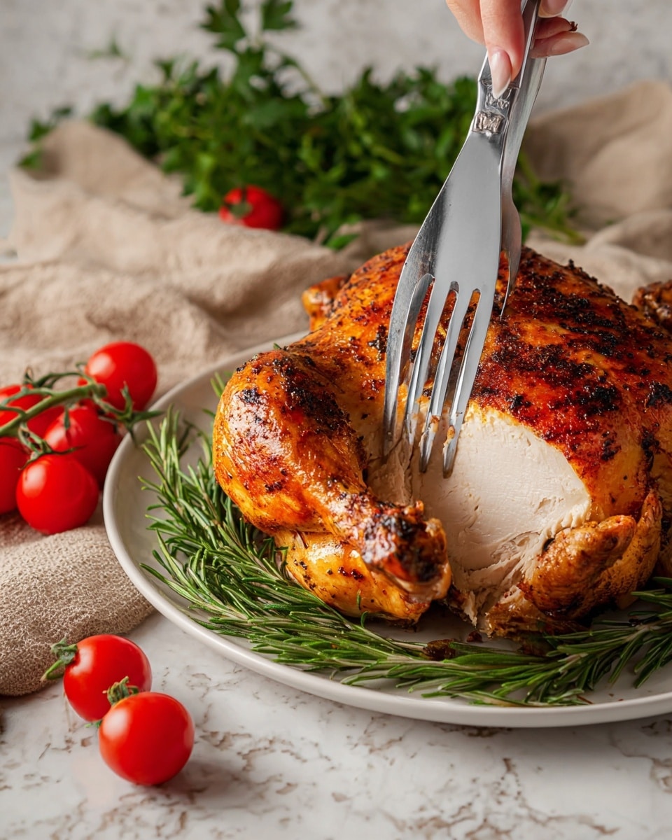 A roasted whole chicken with a crispy, golden brown skin showing a mix of dark and light brown spice spots, centered on a white plate with green rosemary sprigs underneath. The chicken is being sliced, revealing one thick, white inner layer of cooked meat. A silver fork holds the chicken steady from the top, while a woman's hand with light pink nails cuts through the meat with a knife from the side. Bright red cherry tomatoes on green stems lie next to the plate, and soft green herbs and a beige cloth decorate the white marbled surface background. photo taken with an iphone --ar 4:5 --v 7