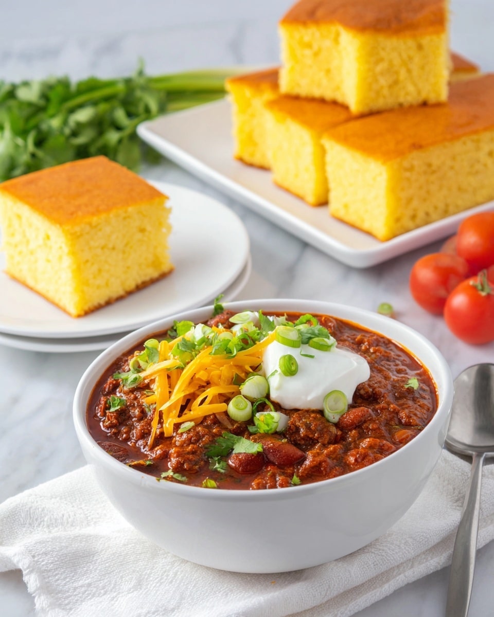 The image shows a white bowl filled with rich chili, which has a thick red-brown texture with visible beans and ground meat. On top, there is a layer of shredded yellow cheddar cheese, followed by a dollop of smooth white sour cream, garnished with bright green chopped cilantro and green onion slices. Next to the bowl is a small white plate holding a square piece of golden-brown cornbread with a bite taken out, revealing a soft and crumbly yellow inside. In the background, there’s a white rectangular plate stacked with several more pieces of the same cornbread, all placed on a white marbled surface. Fresh green onions, cilantro, tomatoes, and an onion add color to the upper background. A silver spoon rests on a white cloth napkin beside the chili bowl. Photo taken with an iphone --ar 4:5 --v 7