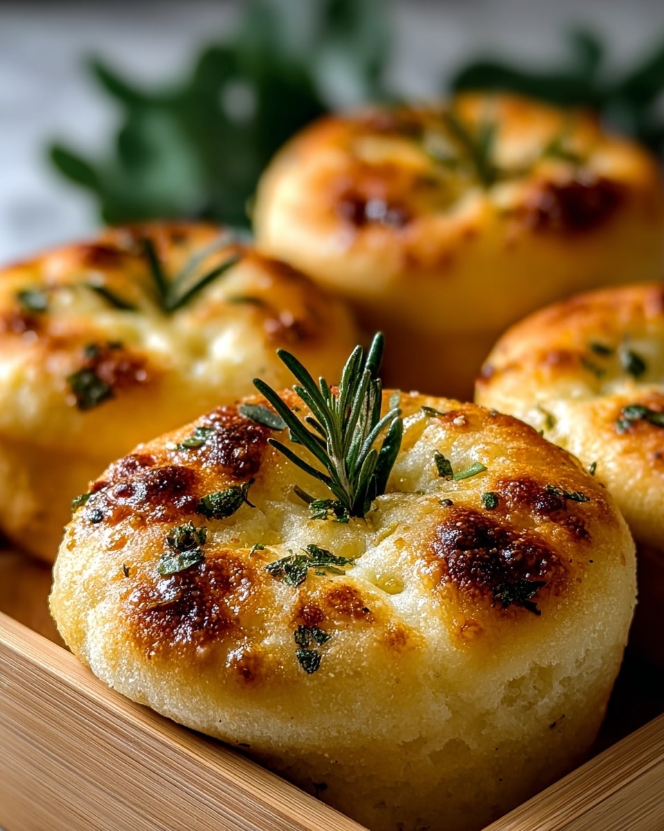The image shows three golden brown focaccia breads shaped like small round buns with a soft, fluffy texture. Each focaccia has a slightly crispy top with dark brown roasted spots and is garnished with small green herb pieces spread unevenly on top. One focaccia in the front center has a small sprig of fresh rosemary placed standing upright in the middle. The breads are placed closely together in a light wooden tray, with blurred green leaves in the background on a white marbled surface. photo taken with an iphone --ar 4:5 --v 7