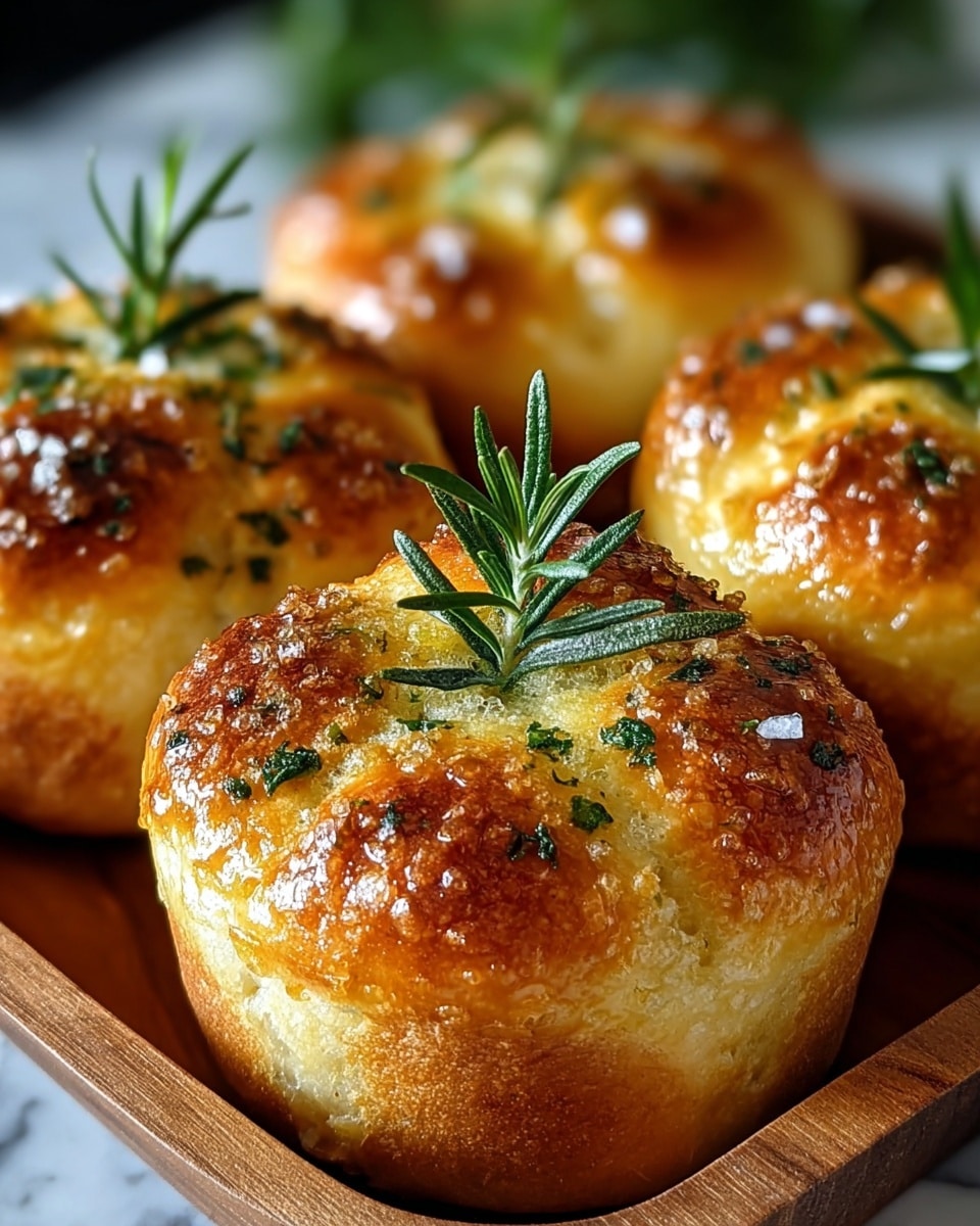 The image shows a close-up of golden-brown bread rolls with shiny, crispy crusts that have a textured, bubbly surface. Each roll has five to six rounded sections, with a slightly puffed and soft interior visible between the browned edges. The tops are sprinkled with small green herb flakes and coarse white salt, and each roll features a fresh green rosemary sprig standing upright in the center. The rolls are placed on a wooden tray, with the background softly blurred to keep focus on the textured bread. The setting is on a white marbled surface. Photo taken with an iphone --ar 4:5 --v 7