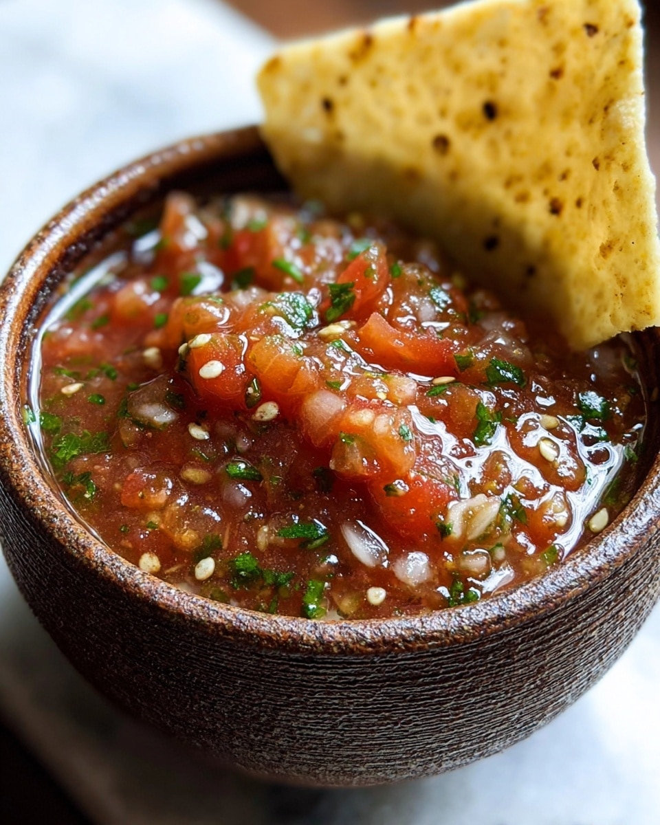 A close-up view of a small brown textured bowl filled with a chunky salsa that has a glossy finish, showing layers of red tomato pieces, small white onion bits, and green chopped herbs scattered throughout. The salsa looks moist and fresh, with visible tiny seeds and bits of spices mixed in. Resting inside the bowl, leaning on one side, is a large, light yellow tortilla chip with blackened specks, adding a crunchy contrast to the smooth salsa. The bowl is set on a white marbled surface, and the lighting highlights the shiny, wet texture of the salsa and the crispiness of the chip. photo taken with an iphone --ar 4:5 --v 7