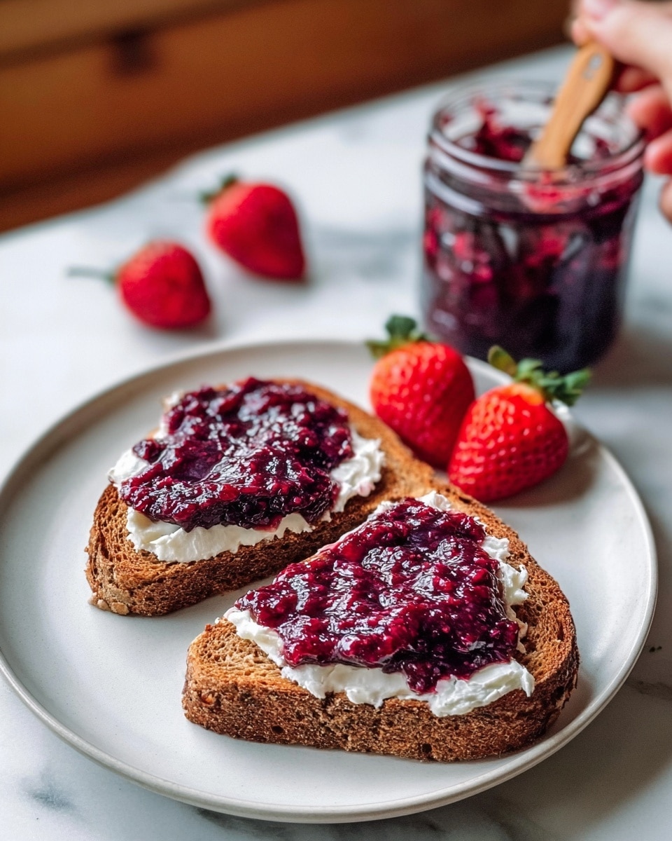 Two slices of toasted brown bread are placed on a white plate with three fresh, red strawberries behind them. Each toast slice has a base layer of white cream spread evenly, topped with a thick, chunky purple berry jam spread roughly in the center. A jar filled with the same purple jam is in the background, with a woman's hand holding a wooden spoon dipped in the jam. The plate sits on a white marbled surface. photo taken with an iphone --ar 4:5 --v 7