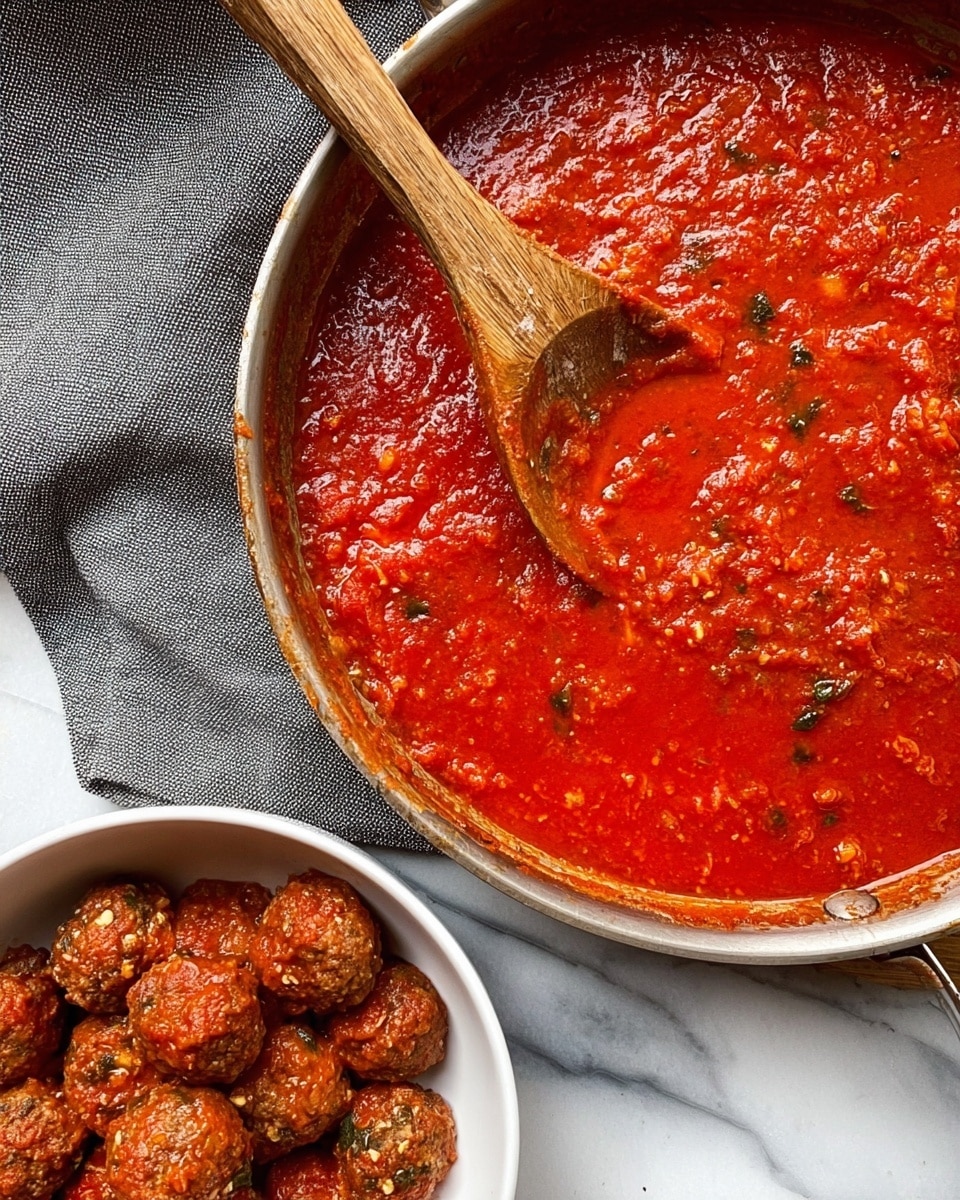 A close-up view of a pan filled with thick, red tomato sauce with visible small chunks of tomato and herbs, resting on a gray cloth on a white marbled surface; a wooden spoon with red stains lies inside the pan, partially submerged in the sauce; next to the pan, there is a white bowl filled with several meatballs coated in the same red sauce, showcasing a textured, browned surface. photo taken with an iphone --ar 4:5 --v 7