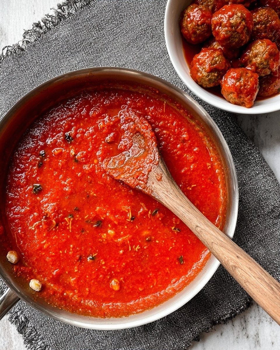 A stainless steel pan filled with thick, bright red tomato sauce that has a slightly chunky texture with visible small bits of herbs and garlic. A wooden spoon with some sauce on it rests inside the pan, angled to the right. To the top right, there is a white bowl filled with round, browned meatballs coated in a shiny red sauce. The pan and bowl sit on a rough gray cloth, all placed on a white marbled textured surface. photo taken with an iphone --ar 4:5 --v 7