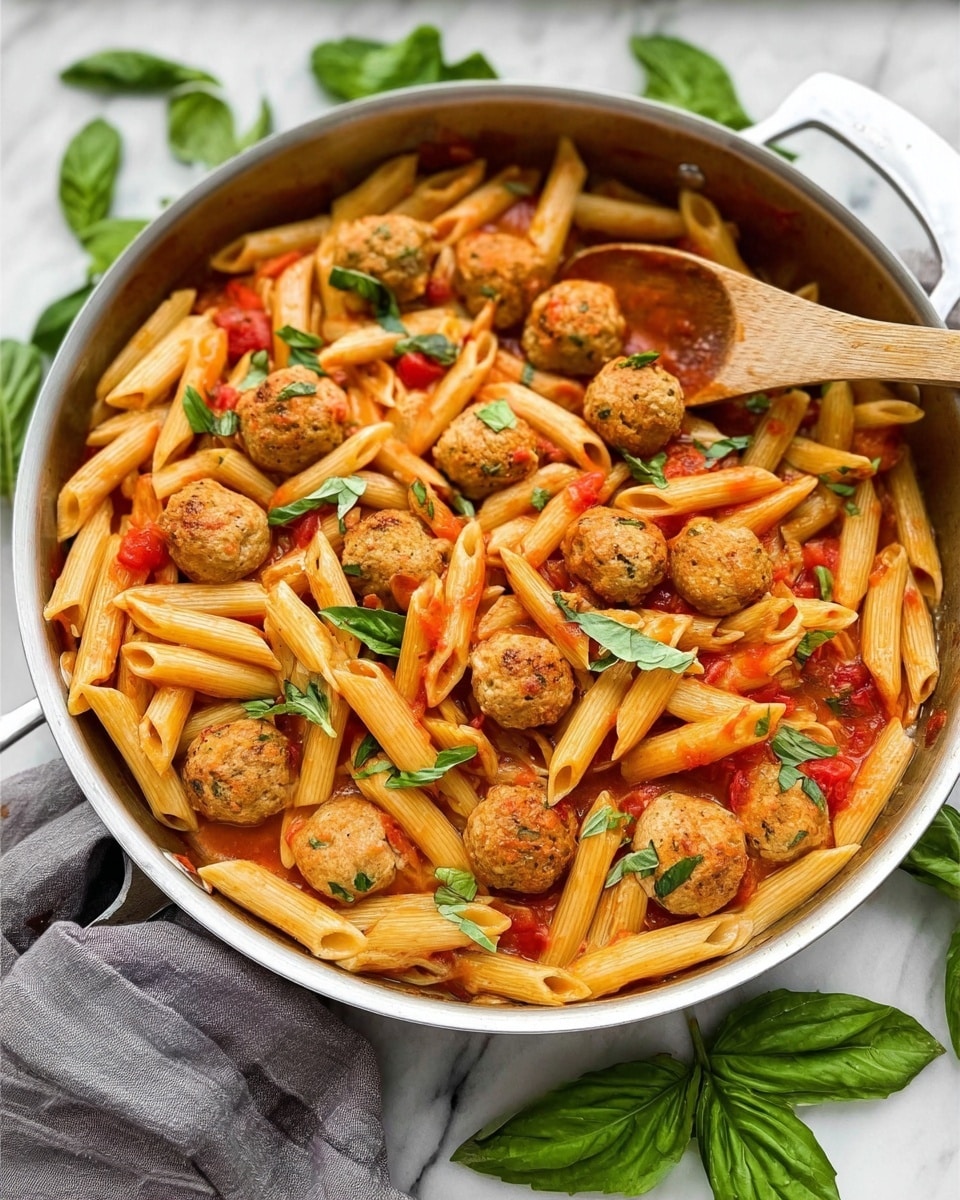 The image shows a large silver pan filled with cooked penne pasta and round meatballs mixed with a light red tomato sauce, garnished with fresh green basil leaves scattered on top. The pasta has a golden beige color with smooth texture, and the meatballs are browned with bits of herbs visible inside. A wooden spoon rests inside the pan, partly immersed in the pasta and sauce. Underneath the pan, fresh green basil leaves are spread out on a white marbled surface, with a gray cloth nearby. Photo taken with an iphone --ar 4:5 --v 7
