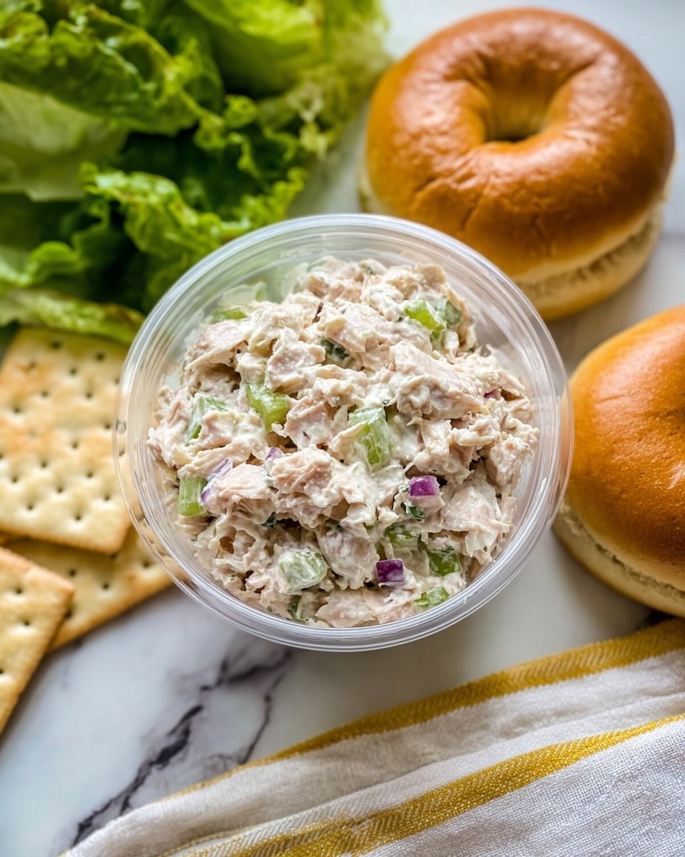 A clear plastic container filled with a creamy mixture of tuna salad made from light beige tuna chunks, small pieces of green celery, and tiny bits of purple onion, all coated in a smooth white dressing. Surrounding the container are two golden brown bagels placed on a white marbled surface with a few square crackers to the left and fresh green lettuce leaves in the upper background. A white and gray cloth with yellow stripes lies underneath the crackers and bagels. photo taken with an iphone --ar 4:5 --v 7