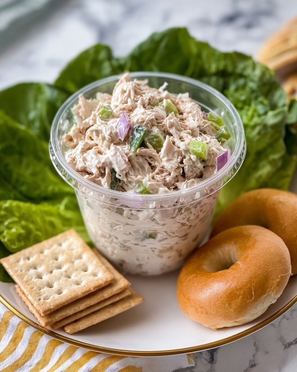 A clear plastic cup filled with a creamy chicken salad made of light beige shredded chicken mixed with small chopped pieces of green celery and bits of purple onion. The cup sits on a white plate with a gold rim, surrounded by crisp green lettuce leaves at the back, several square light brown crackers stacked on the left front side, and two golden brown bagel halves placed on the right near a white and yellow striped cloth. The whole arrangement is on a white marbled surface. Photo taken with an iphone --ar 4:5 --v 7