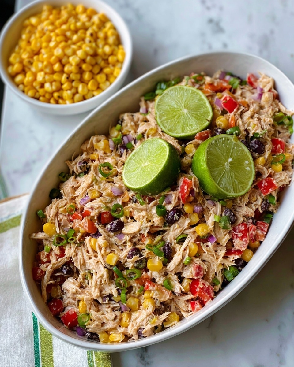 The dish is served in a white oval bowl placed on a white marbled surface, filled with a creamy mixture of shredded chicken combined with colorful diced red bell peppers, small yellow corn kernels, finely chopped green onions, and bits of purple onion and black beans. Two halved green limes rest on top, adding a fresh pop of color. Next to the bowl, there is a small white bowl filled with bright yellow corn kernels. The texture of the chicken appears soft and moist, with the vegetables speckled evenly throughout, creating a vibrant and hearty look. Photo taken with an iphone --ar 4:5 --v 7