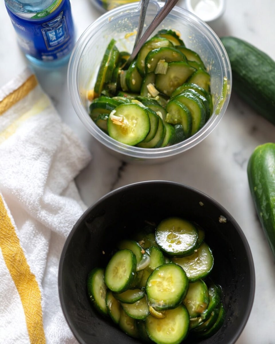 The image shows thin cucumber slices layered in two containers on a white marbled surface. The first container is a clear plastic cup filled halfway with fresh, glossy green cucumber slices coated lightly in a dressing, with bits of garlic visible among the slices. The second container is a black round bowl holding a smaller portion of cucumber slices, stacked slightly uneven, with a silver fork resting inside. Nearby, there is a bottle with a blue label and white cap, as well as another smaller bottle, all set on the white marbled surface with a partially visible fresh cucumber and a white cloth with a yellow stripe beside them. photo taken with an iphone --ar 4:5 --v 7