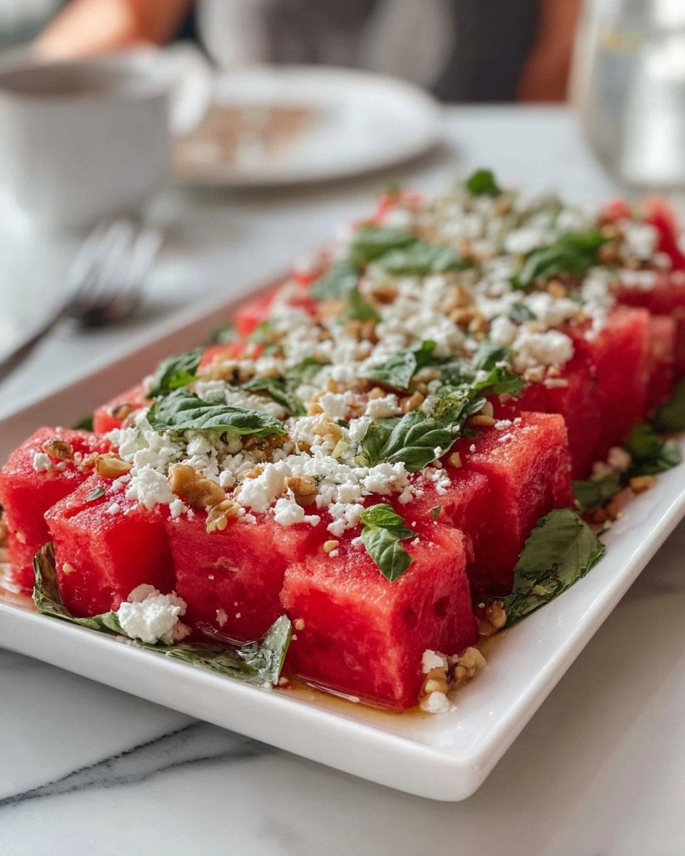 A white rectangular plate holds a watermelon salad with three visible layers. The bottom layer is made of fresh green basil leaves, scattered evenly. On top, there are large, juicy red watermelon cubes arranged closely together. The top layer is a sprinkle of crumbly white feta cheese and small bits of light tan nuts, spread across the watermelon. The plate is set on a white marbled surface, with a blurred background showing a woman’s hand holding a white cup. Photo taken with an iphone --ar 4:5 --v 7