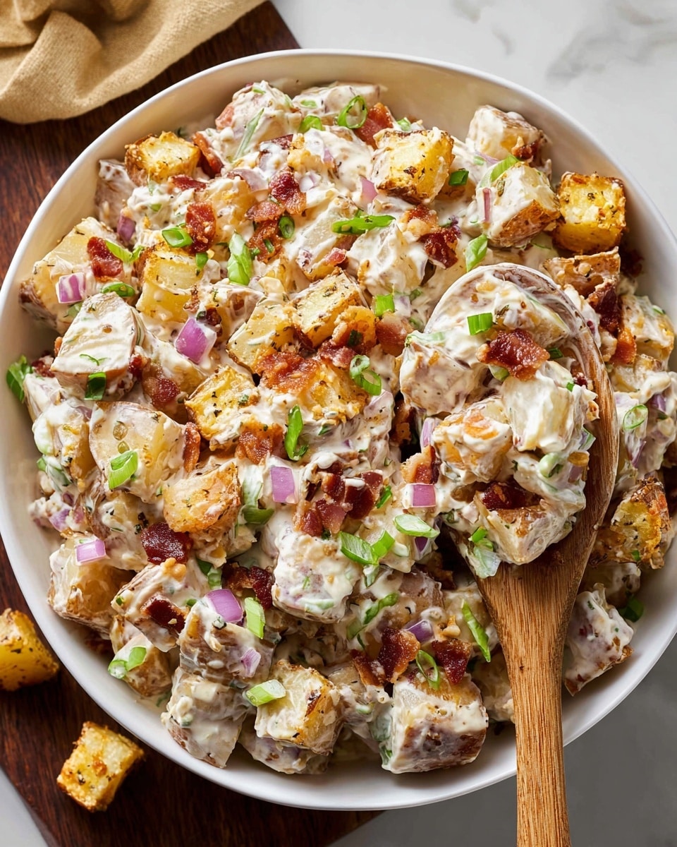 A close-up view of a white bowl filled with a creamy potato salad. The salad has several layers including golden-brown roasted potato chunks, light green pieces of celery, small purple bits of red onion, crispy reddish-brown bacon bits, all covered in a thick white creamy dressing with specks of black pepper. The textures show soft potatoes mixed with crunchy celery and bacon. A silver fork with a wooden handle rests on the left side inside the bowl, which is set against a white marbled surface. Photo taken with an iphone --ar 4:5 --v 7