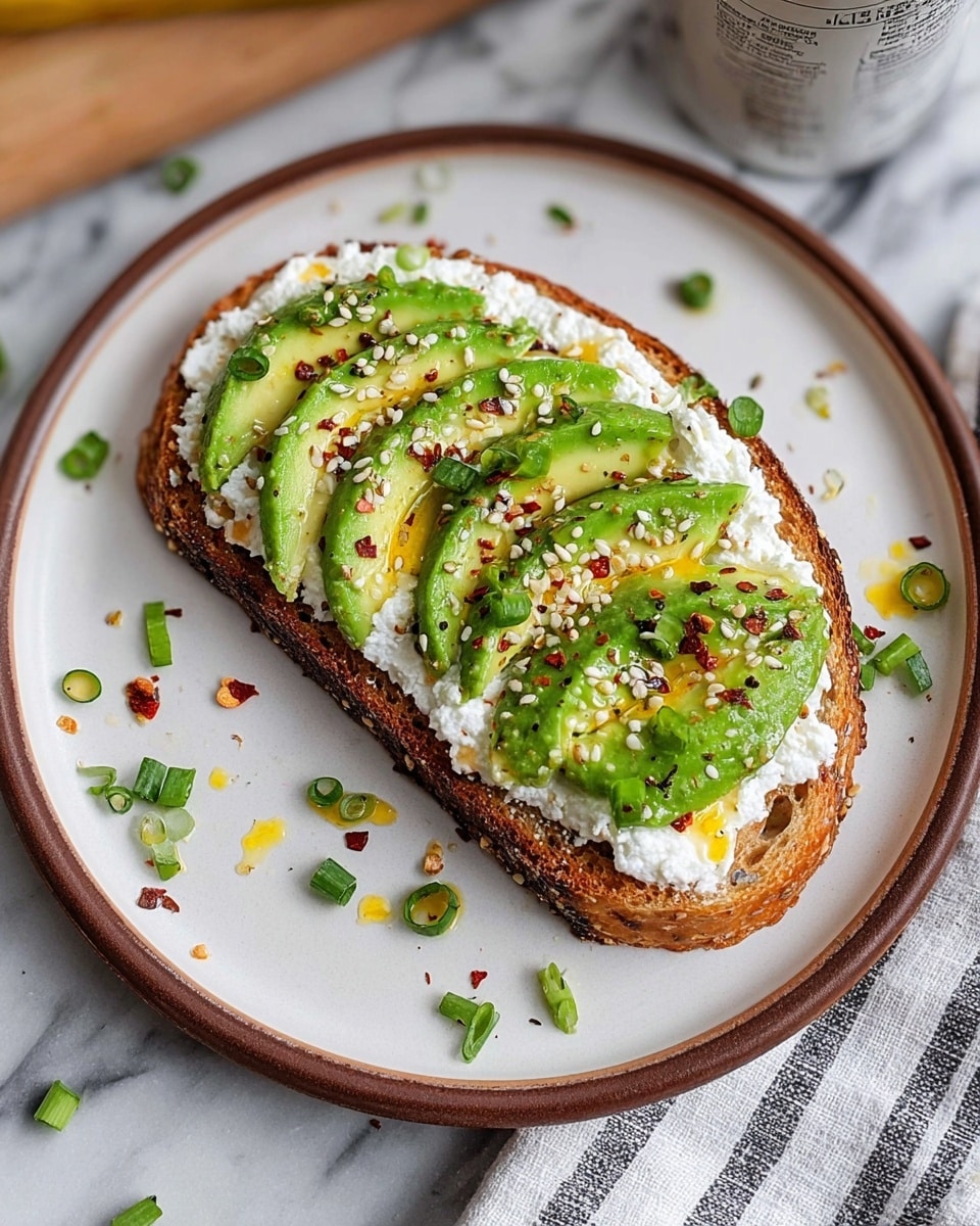 A toasted slice of brown bread with a slightly crispy edge lies flat on a white plate with a thin brown rim. On top, there is a thick layer of white cottage cheese spread evenly. Above the cheese, four slices of bright green avocado are arranged in a neat row, slightly overlapping each other. The avocado is topped with small green onion pieces, red chili flakes, white sesame seeds, and tiny yellow drizzle, adding texture and color. Around the toast on the plate are scattered green onion bits and red chili flakes. The scene is set on a white marbled surface with a striped cloth partially visible. Photo taken with an iphone --ar 4:5 --v 7