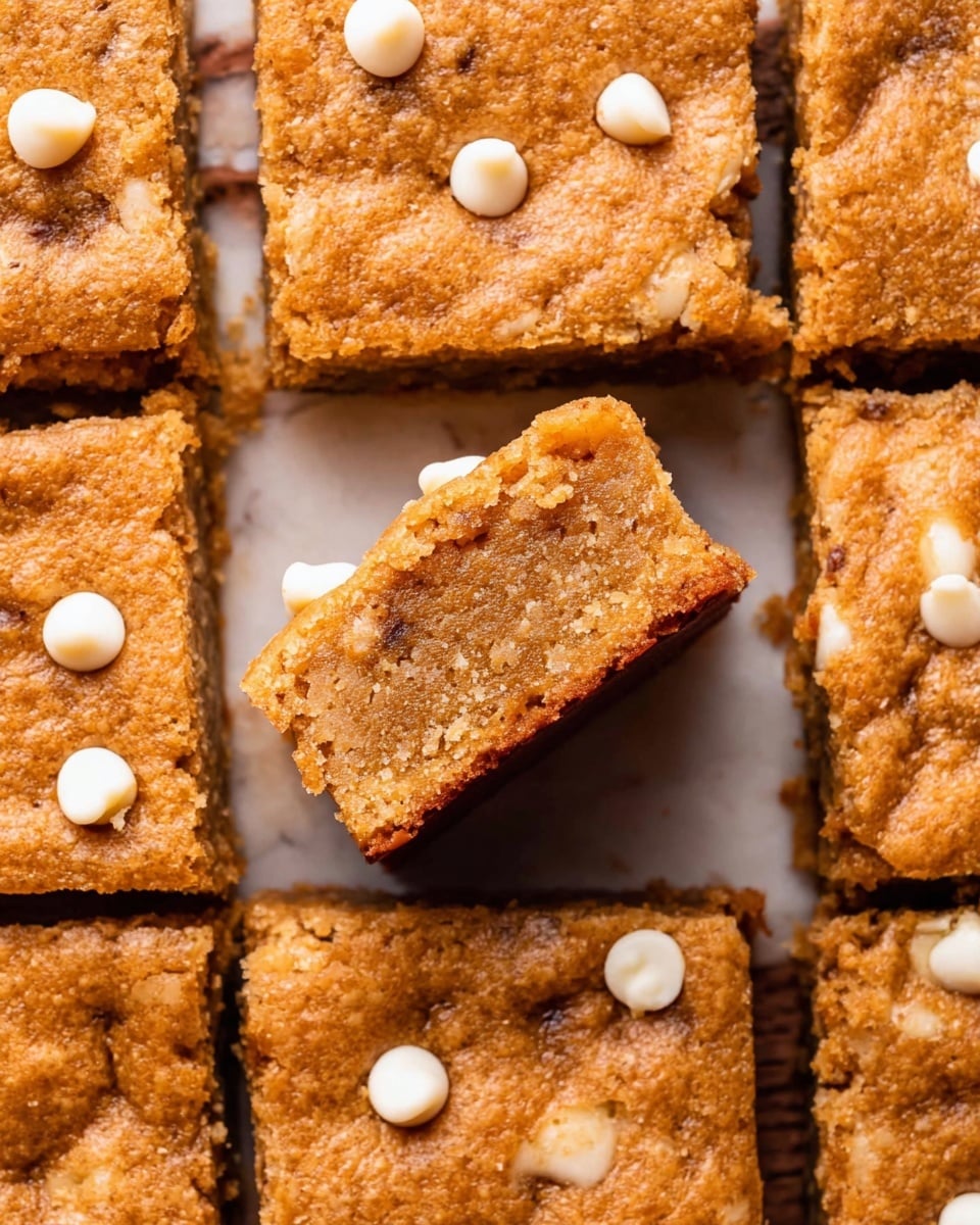 A close-up view of nine square blondies arranged closely on a white marbled surface, each blondie topped with small white chocolate chips. One square blondie is lifted slightly, showing its soft, dense, light brown inside with a moist texture, while the top and sides are a deeper golden brown with a slightly crumbly texture. The white chocolate chips add small, round, bright white spots contrasting with the warm brown blondie tops. photo taken with an iphone --ar 4:5 --v 7