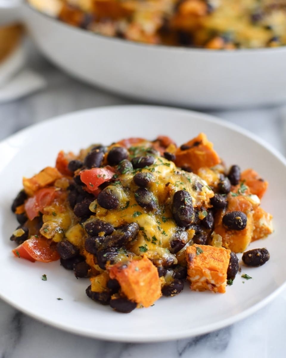 The image shows a close-up of a white cooking pot filled with a colorful mix of diced chicken, bright orange sweet potato cubes, black beans, and chopped red tomatoes. The chicken pieces are light golden with a slightly moist texture, mixed evenly with the soft-looking sweet potatoes and shiny black beans. Small bits of green pepper and herbs are scattered throughout, adding flecks of green. A white spoon is scooping up a portion of the dish, highlighting the mix of textures and warm colors. The background is a white marbled surface, giving a clean and fresh look. Photo taken with an iphone --ar 4:5 --v 7