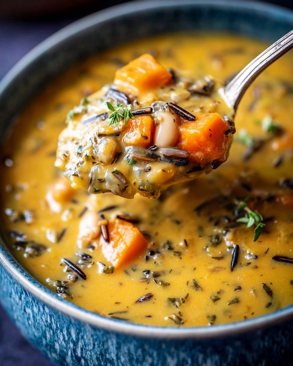 A close-up view of a thick, creamy soup in a pot, filled with chunks of bright orange sweet potato, small white beans, and thin dark wild rice grains scattered throughout. The soup base is a rich golden-yellow color with a smooth texture dotted with bits of green herbs. On top, a sprig of fresh green thyme lies resting on the soup, and a metal ladle is lifting a spoonful, showing all the colorful ingredients up close. The pot sits on a white marbled surface. photo taken with an iphone --ar 4:5 --v 7