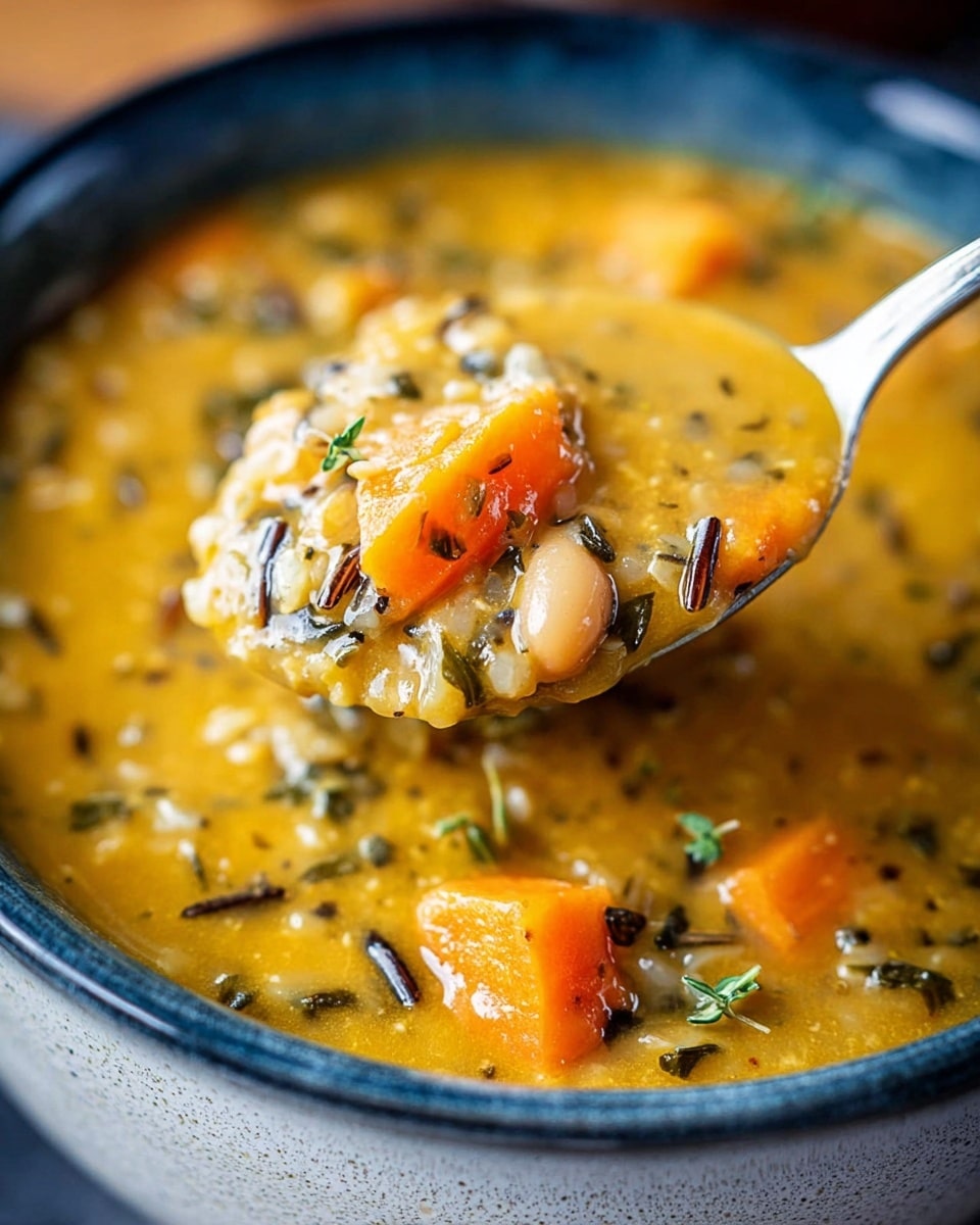 A close-up image of a thick soup in a deep white bowl with a blue outer surface touching a white marbled texture. The soup has a golden-yellow thick base and contains visible orange carrot chunks, white beans, and small pieces of dark wild rice. Small green herb leaves float on top. A silver spoon holds a scoop of the soup above the bowl, showing the mix of ingredients and slightly shiny texture. photo taken with an iphone --ar 4:5 --v 7