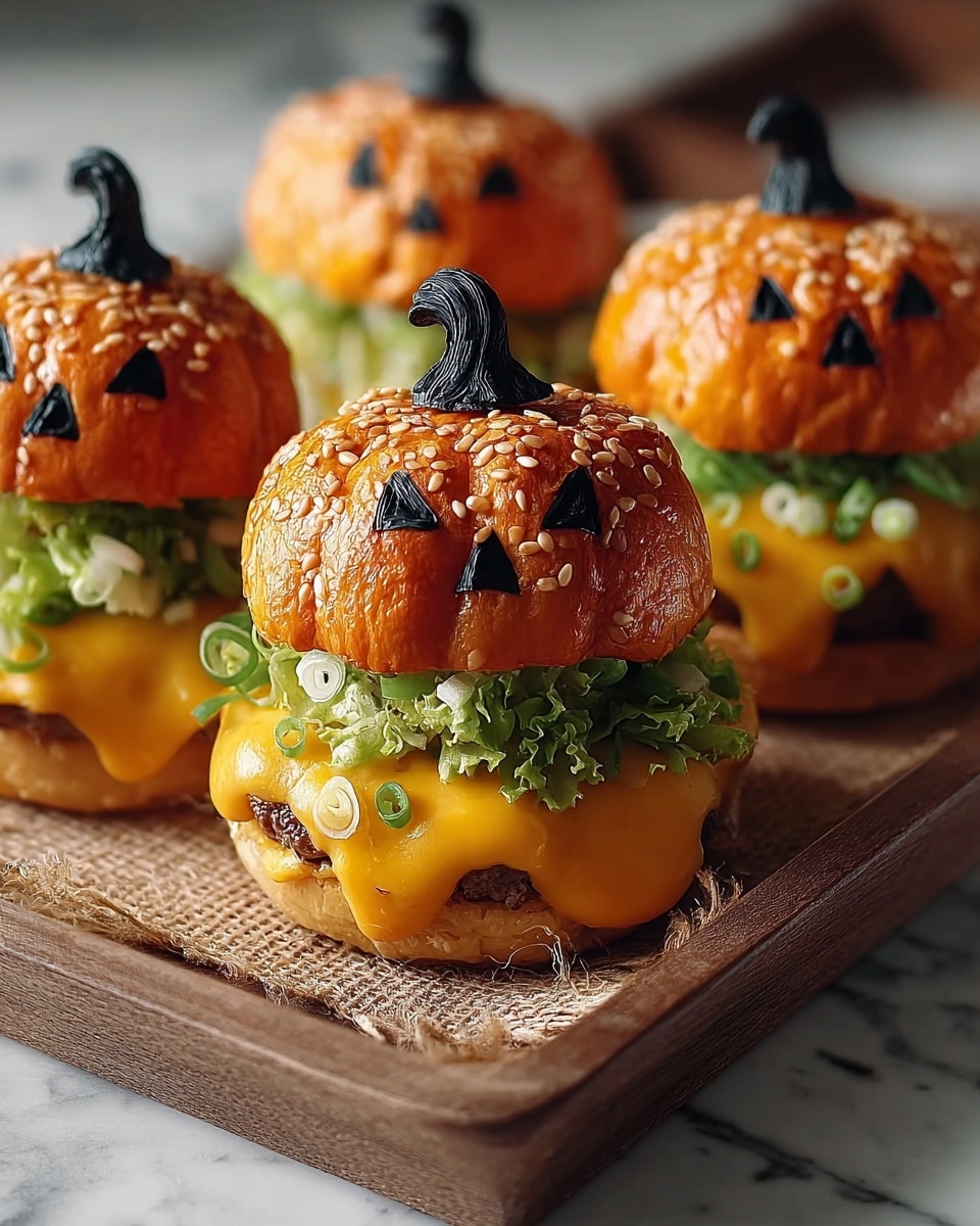 The image shows four small pumpkin-shaped sandwiches arranged on a wooden tray. Each sandwich has a shiny, brown bun with black and white sesame seeds on top and small green triangular eye-shaped cutouts. Inside, there is a creamy, light orange filling layer at the bottom, followed by a soft yellow scrambled egg layer, and topped with finely chopped green herbs. The top bun has a textured stem to complete the pumpkin look. The sandwiches sit closely together on a wooden surface with a dark, out-of-focus background. photo taken with an iphone --ar 4:5 --v 7