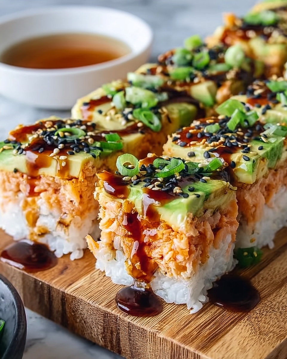 A close-up view of multiple square sushi pieces lined up on a wooden board, each piece showing three main layers: the bottom layer is white sushi rice with visible grains, the middle layer is orange cooked salmon, and the top layer is a mix of golden-brown crispy bits, thin dark seaweed strips, and finely chopped green onions. The sushi is drizzled with a creamy light beige sauce and a darker brown sauce that slightly drips onto the wooden board. Small dollops of bright green wasabi are placed on the top layer in the background, brightening the look. In the out-of-focus background, there is a white bowl partially visible, filled with a dark liquid, likely soy sauce. The scene is set on a white marbled texture surface. photo taken with an iphone --ar 4:5 --v 7