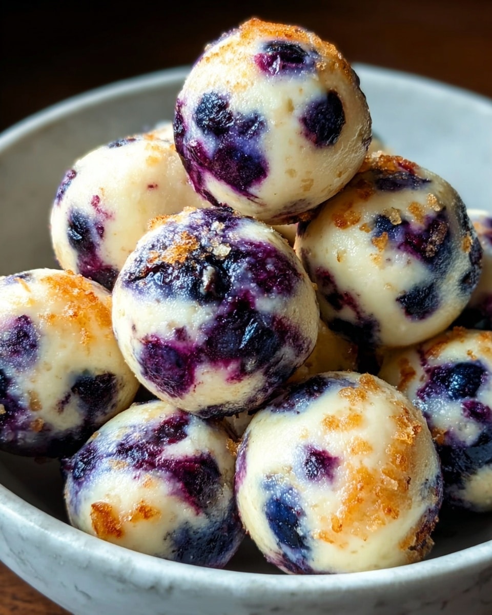 A pile of round dessert balls sits inside a white bowl, each ball speckled with dark purple blueberries inside a creamy pale yellow dough with a slightly shiny surface. The tops of the balls have a golden brown, slightly crispy texture with small crumb-like bits scattered over them. The blueberries appear both inside and on the surface of the balls, adding dark spots and texture contrasts. The bowl rests against a white marbled texture background. photo taken with an iphone --ar 4:5 --v 7