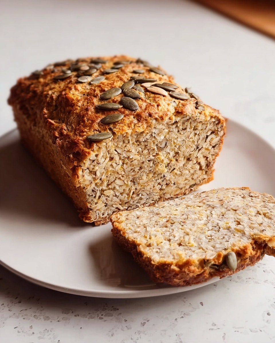 A loaf of bread with a golden brown crust topped with scattered pumpkin seeds sits on a white plate on a white marbled surface. One thick slice is cut from the loaf and lies flat next to it, showing a dense, textured inside filled with visible seeds and grains in light beige and brown tones. The crust looks crisp and uneven, contrasting with the soft, moist interior. Photo taken with an iphone --ar 4:5 --v 7