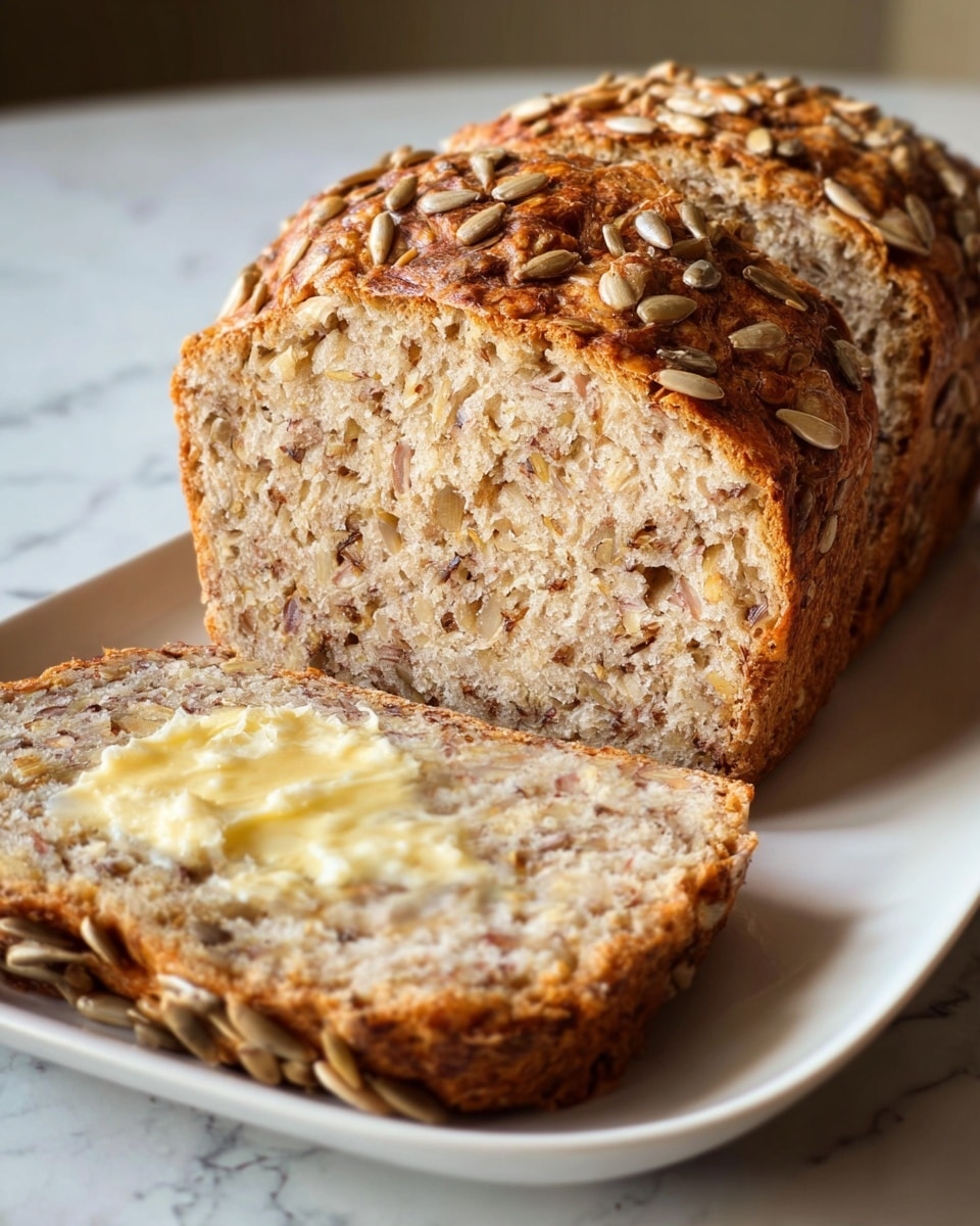 A loaf of seeded bread sliced to show one thick slice in front and the rest of the loaf behind it on a white plate. The bread has a golden brown crust topped with sunflower seeds, and the inside is light beige with visible seeds and grains spread evenly throughout the soft, moist texture. The slice in front has a light spread of melting butter on top, adding a glossy texture that contrasts with the bread’s crumbly look. The plate is set on a white marble surface with soft light coming from the side, highlighting the bread’s warmth and detail. photo taken with an iphone --ar 4:5 --v 7