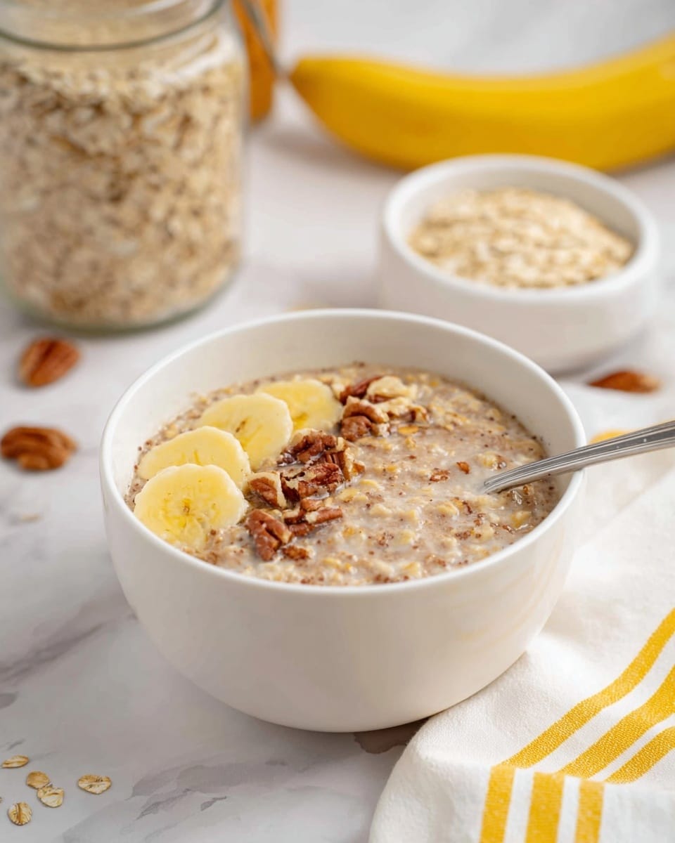 A white bowl filled with three layers: the bottom is creamy oatmeal with small visible oats, the middle layer is a light brown porridge mixture with a slightly chunky texture, and the top layer has a few slices of yellow banana and scattered pieces of chopped brown pecans. A silver spoon is placed inside the bowl on the right side. In the background, there is a smaller white bowl filled with dry oats, a glass jar with oatmeal inside, and a yellow banana on a white marbled surface. A white cloth with yellow stripes is partly visible on the lower right corner. photo taken with an iphone --ar 4:5 --v 7