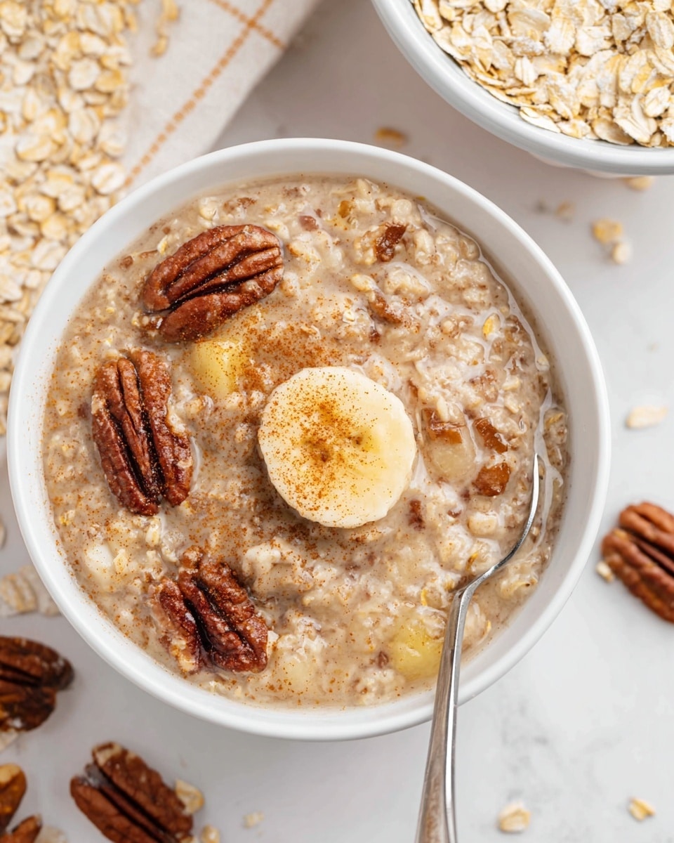 A top view of a white bowl filled with creamy oatmeal showing a thick texture mixed with oats and small banana pieces. On top, there is a round slice of banana in the center sprinkled with a fine brown spice, likely cinnamon. Around this centerpiece, several pecan nuts are scattered, adding a rough, brown color and crunchy texture. To the right, a silver spoon rests inside the bowl. In the background, there is another white bowl filled with dry rolled oats and some oats scattered around on a white marbled surface. The overall color scheme is warm with shades of beige, brown, and soft yellow. photo taken with an iphone --ar 4:5 --v 7