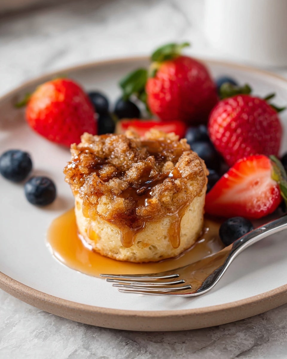 A white round plate holds a small muffin with a golden-brown crumbly top layer coated in shiny syrup. Below this topping is a soft, light yellow cake layer. The muffin is accompanied by fresh strawberries with green tops and dark blueberries scattered around. A silver fork is placed to the right of the muffin, resting on the plate. The plate sits against a white marbled texture background. photo taken with an iphone --ar 4:5 --v 7