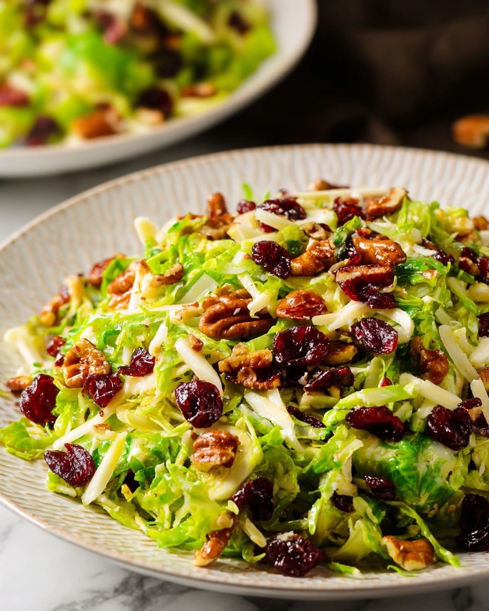 A close-up view of a white textured plate filled with fresh salad layers; the bottom layer is finely shredded bright green Brussels sprouts with a slightly glossy texture, topped with scattered deep red dried cranberries that add a chewy visual contrast. Mixed throughout are medium brown roasted pecan pieces with a shiny surface, providing a crunchy texture. There are also light yellow shreds of cheese or thinly sliced nuts interspersed evenly, adding creaminess to the colorful mix. The salad looks fresh and vibrant with a slight sheen from a light dressing. The plate sits on a white marbled surface, and a blurred second bowl of similar salad is in the background. photo taken with an iphone --ar 4:5 --v 7