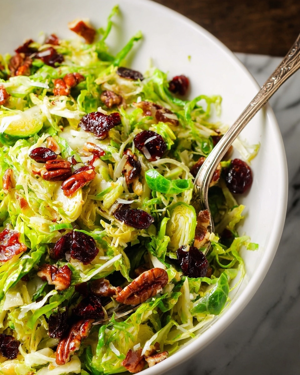 A close-up view of a white bowl filled with a fresh mixed salad showing three main layers: thin green shredded Brussels sprouts on top with a crisp texture, scattered dark red dried cranberries adding a shiny, chewy look, and chunks of brown toasted pecans that give a rough texture and nutty feel, all loosely mixed together to create varied colors and textures. A silver fork rests inside the bowl on the left side, partially covered by the salad. The bowl sits on a white marbled surface, giving a clean and bright background. Photo taken with an iphone --ar 4:5 --v 7