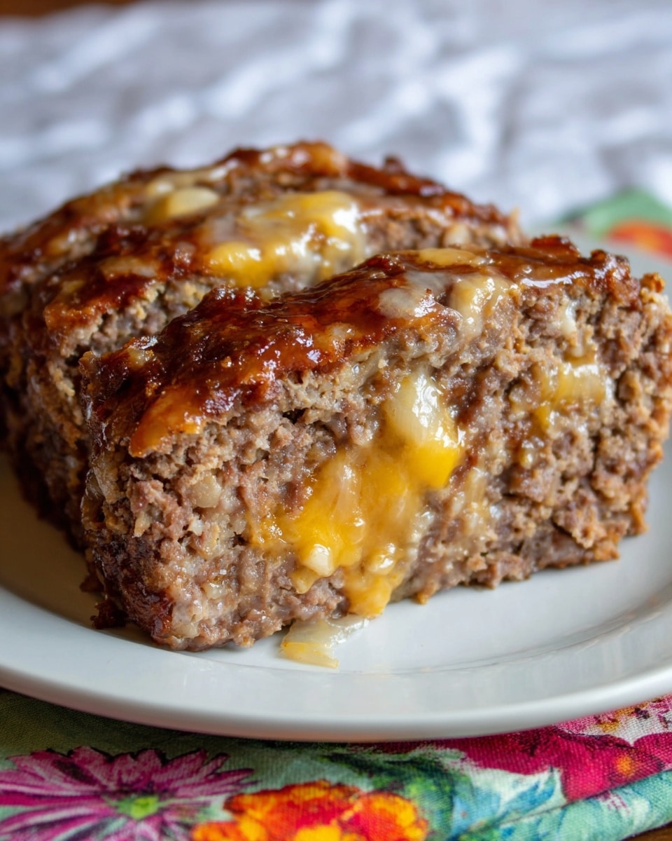 A sliced keto meatloaf on a white plate resting on a white marbled surface, showing three thick, rectangular layers of brown cooked ground meat with a golden crust on top, filled with creamy, melted pale yellow cheese in the middle layer, garnished with small pieces of fresh green parsley scattered on top and around the meatloaf. photo taken with an iphone --ar 4:5 --v 7