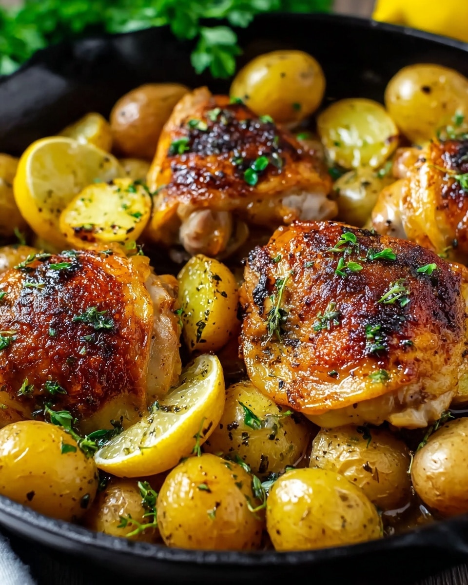 A close-up of a cast iron pan filled with three golden brown roasted chicken thighs with crispy skin, each topped with small green herb leaves. Around the chicken thighs are multiple halved baby potatoes with a light brown roasted surface and bright yellow inside, sprinkled lightly with herbs. In the background, lemon wedges with bright yellow skin and pale yellow inside sit among fresh green parsley leaves, adding color contrast. The whole scene is sharp and detailed, with a warm, inviting look. photo taken with an iphone --ar 4:5 --v 7