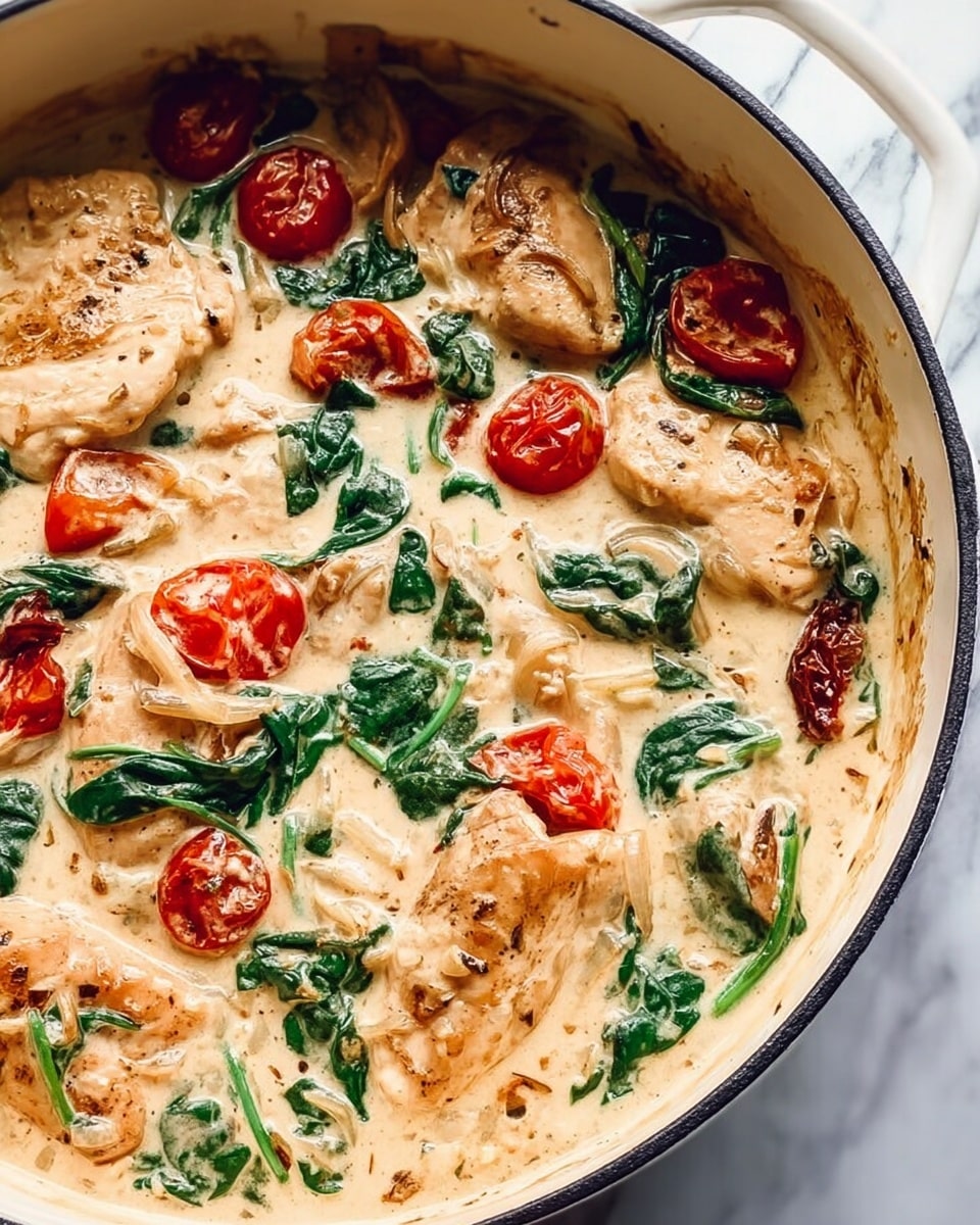 The image shows a close-up of a creamy chicken dish inside a white pot with a black rim. The chicken pieces are golden brown and partially covered by a thick, light beige creamy sauce. Bright red cherry tomatoes and fresh green spinach leaves are mixed throughout the sauce, with some tomato pieces slightly sun-dried adding a darker red contrast. The sauce has a smooth texture with scattered herbs and small bits of cooked onion. The pot is placed on a white marbled surface. photo taken with an iphone --ar 4:5 --v 7