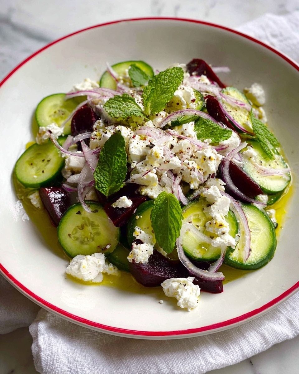 A white bowl with a red rim holds a fresh salad with thinly sliced green cucumbers and dark red beet pieces spread evenly throughout the bowl. Thin purple onion slices are scattered across the salad, adding a light texture on top of the vegetables. White crumbled cheese is sprinkled generously over the entire dish, contrasted by bright green mint leaves placed sporadically for color. A yellow lemon wedge sits near the edge of the bowl, and a silver spoon rests inside the bowl on the right side. The bowl is set on a white marbled surface with a hint of a cloth beneath it. photo taken with an iphone --ar 4:5 --v 7