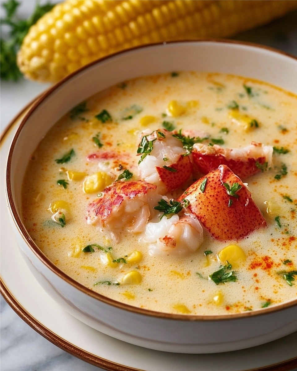 A white bowl with a thin brown rim is filled with creamy, light yellow soup that has a smooth texture. The soup contains chunks of bright red and white lobster meat placed near the center, scattered yellow corn kernels, and small green parsley pieces spread throughout. The soup surface has a slight sheen with light orange specks sprinkled on top. The bowl sits on a white marbled surface with a blurred yellow corn cob in the background. photo taken with an iphone --ar 4:5 --v 7