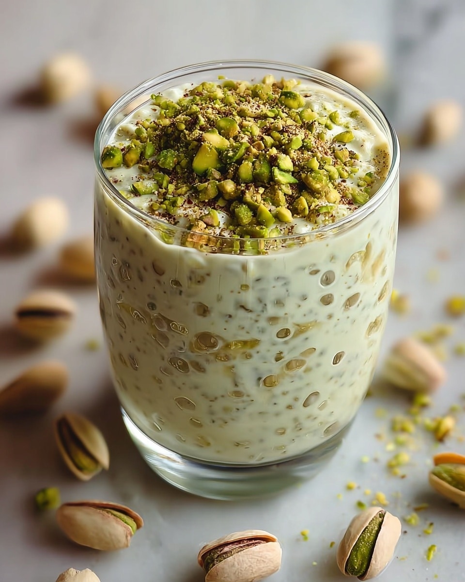 A clear glass filled with a creamy pistachio pudding that has visible small bubbles and chopped pistachio pieces mixed throughout, giving a textured look with green and light beige colors. The top layer has a generous heap of finely chopped green pistachios and some small brownish powder sprinkled over. The glass sits on a white marbled surface scattered with whole and partially open pistachio nuts in beige shells. The focus is on the glass with a softly blurred background that shows more scattered pistachios. photo taken with an iphone --ar 4:5 --v 7