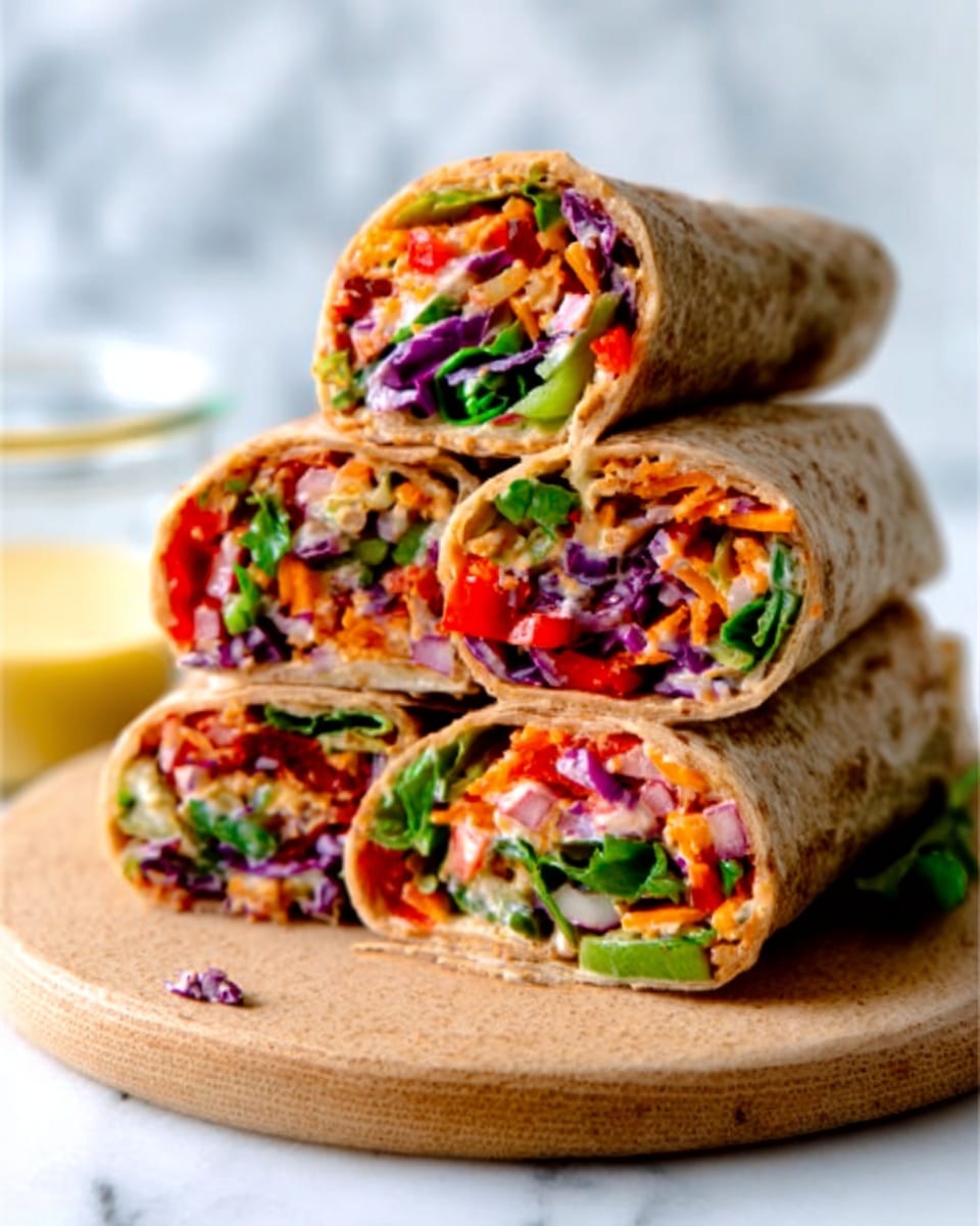 The image shows a stack of five wraps cut in half, placed on a round white plate. Each wrap has multiple layers: the outer light brown tortilla is wrapped tightly around colorful fresh fillings inside. The fillings include shredded orange carrot, bright red bell pepper pieces, green leafy vegetables, thin purple cabbage slices, and small bits of white or cream-colored cheese or sauce. The wraps look fresh and crunchy, with the colors of the vegetables standing out vividly against the neutral tortilla. The background is a white marbled surface with a small glass cup of light yellow sauce or dressing slightly blurred in the background. Photo taken with an iphone --ar 4:5 --v 7