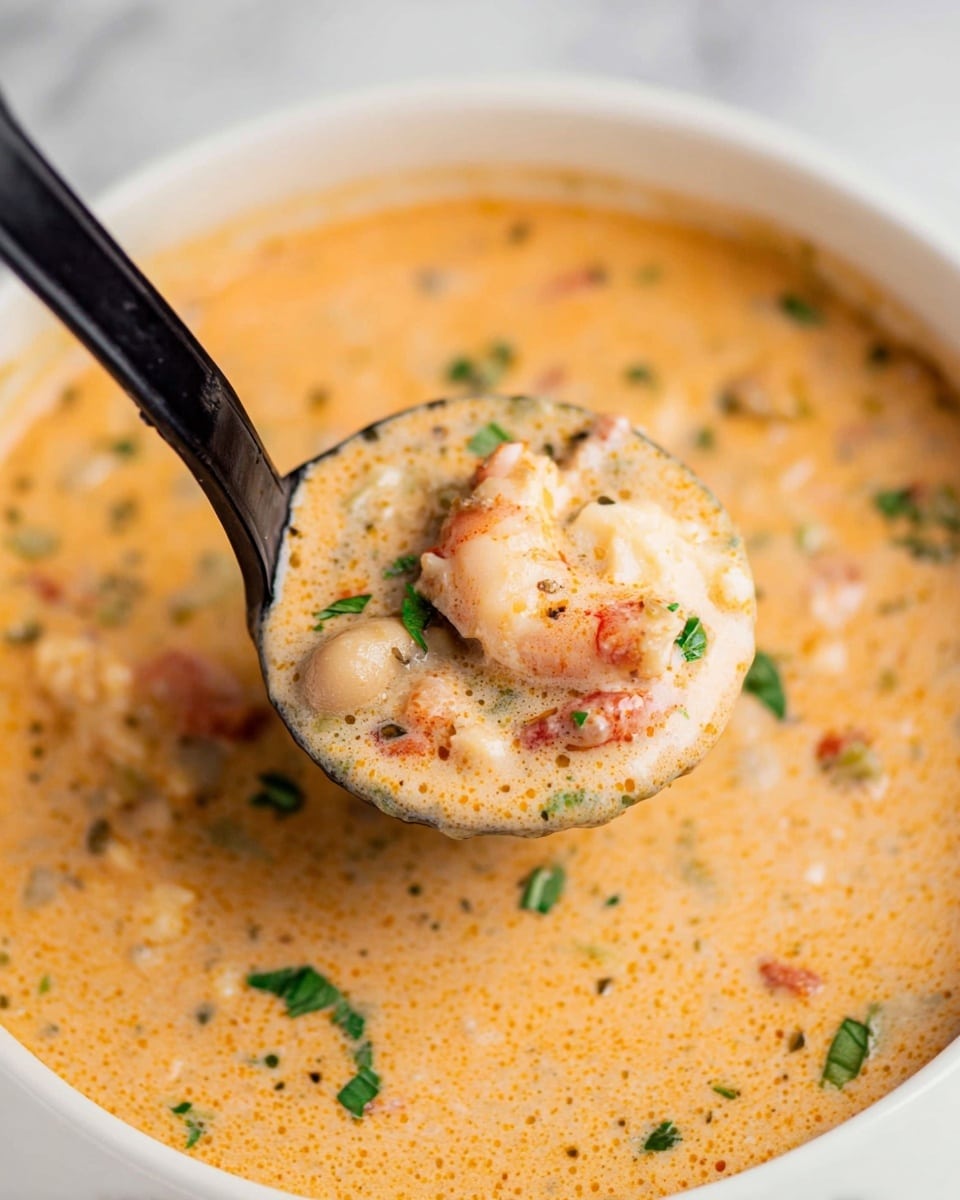 The image shows a close-up of a creamy soup served in a white bowl resting on a white marbled surface. The soup has a thick texture and a light orange color with visible small chunks of white beans, pink shrimp pieces, and green chopped herbs scattered on top. A black ladle is dipped into the soup, lifting a portion that shows the creamy orange broth mixed with shrimp, beans, and green herb pieces in detail. The smoothness of the broth contrasts with the textures of the ingredients inside it. Photo taken with an iphone --ar 4:5 --v 7